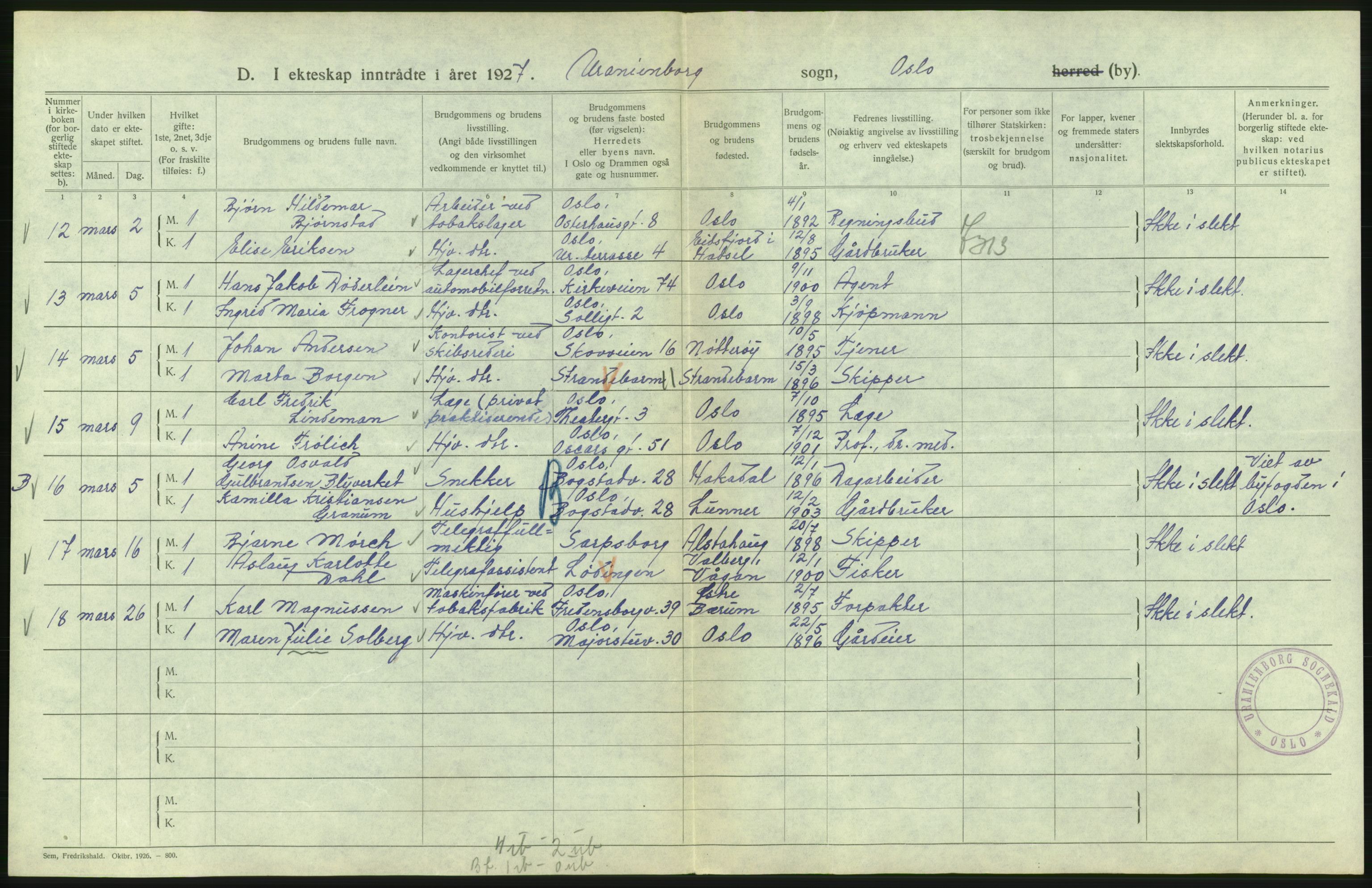 Statistisk sentralbyrå, Sosiodemografiske emner, Befolkning, AV/RA-S-2228/D/Df/Dfc/Dfcg/L0008: Oslo: Gifte, 1927, s. 206