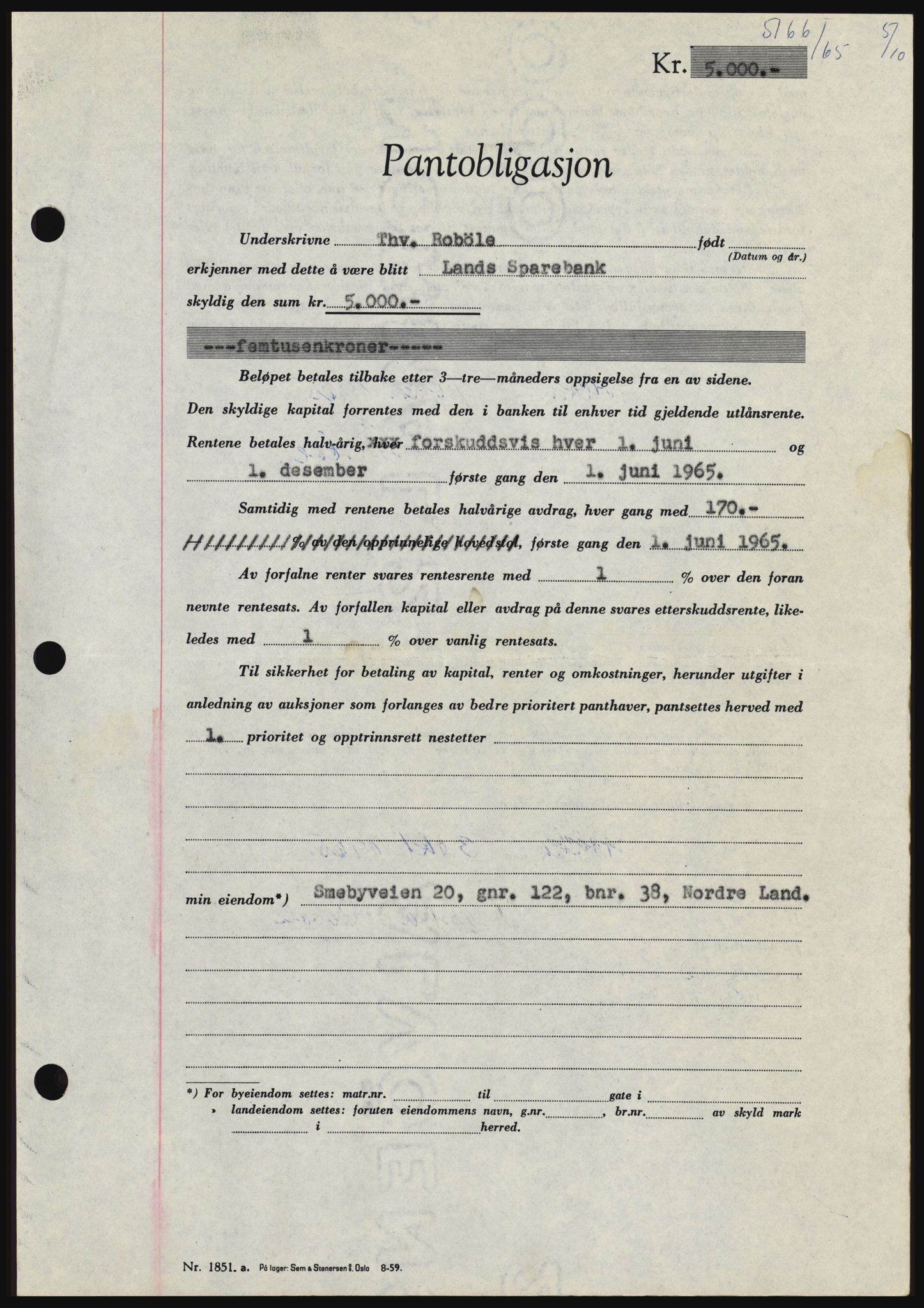 Hadeland og Land tingrett, SAH/TING-010/H/Hb/Hbc/L0060: Pantebok nr. B60, 1965-1965, Dagboknr: 5166/1965