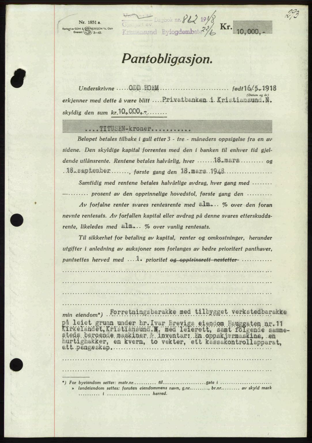 Kristiansund byfogd, AV/SAT-A-4587/A/27: Pantebok nr. 44, 1947-1948, Dagboknr: 862/1948