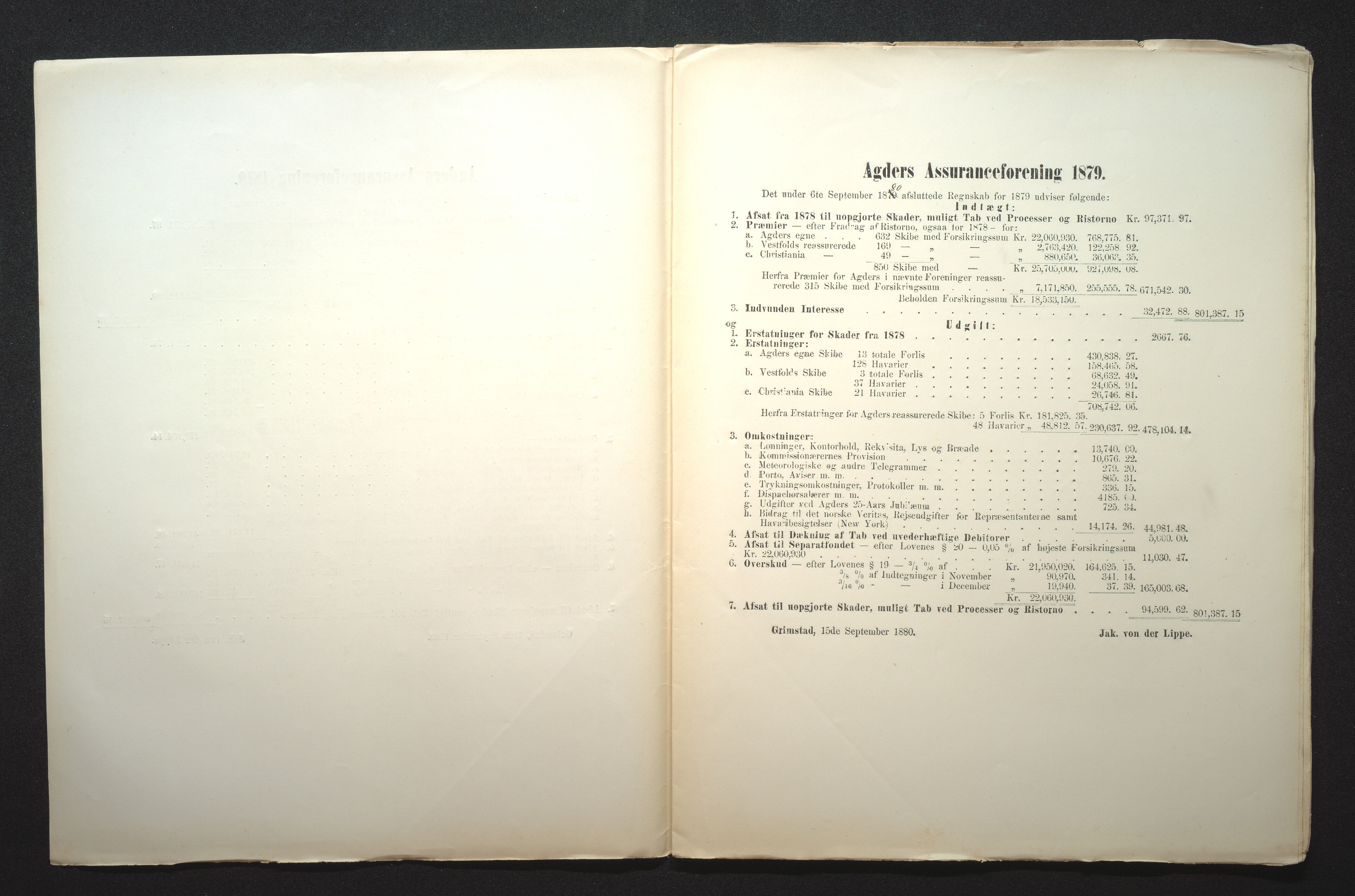 Agders Gjensidige Assuranceforening, AAKS/PA-1718/05/L0001: Regnskap, seilavdeling, pakkesak, 1855-1880