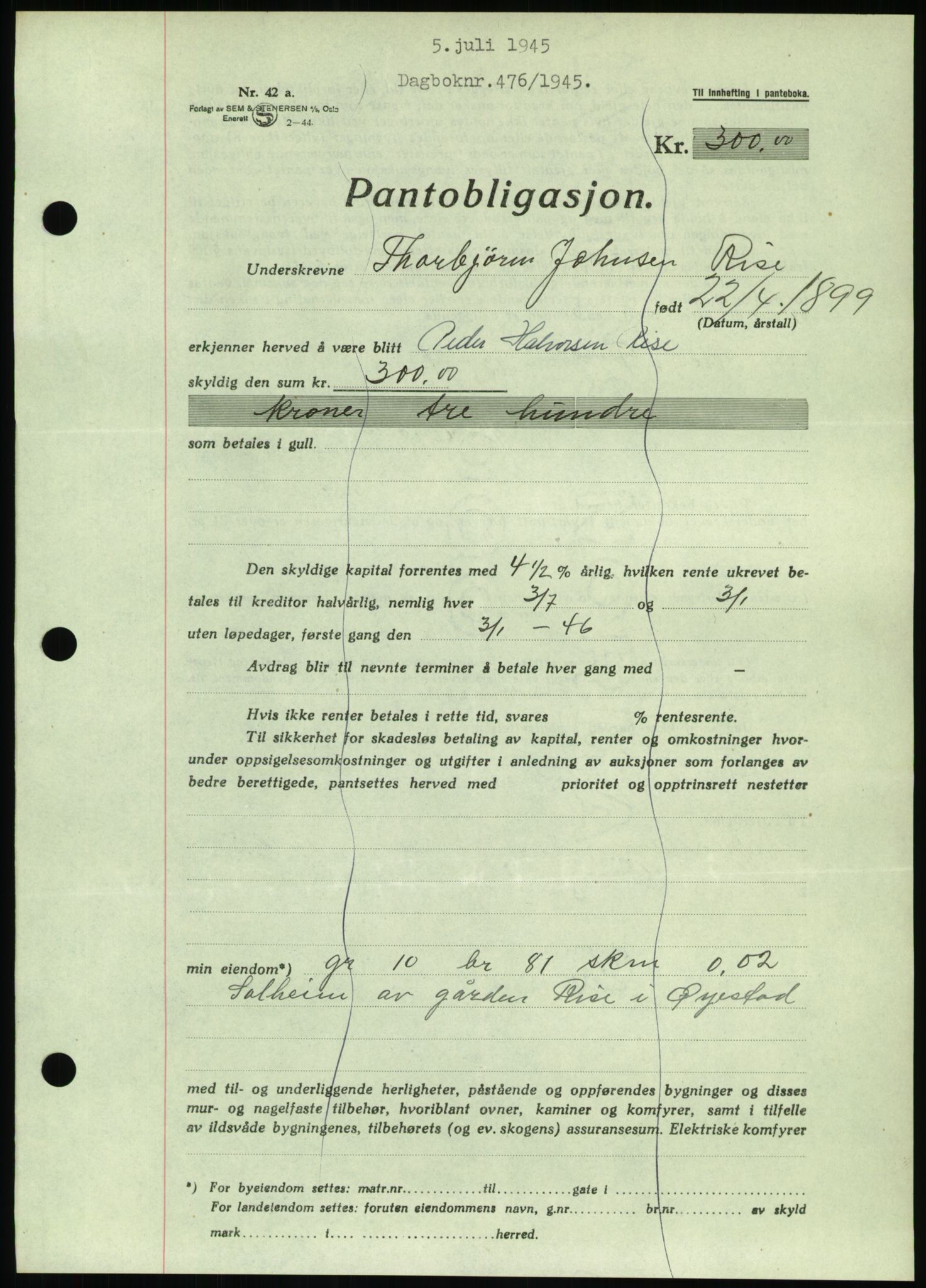 Nedenes sorenskriveri, SAK/1221-0006/G/Gb/Gbb/L0002: Pantebok nr. II, 1942-1945, Dagboknr: 476/1945