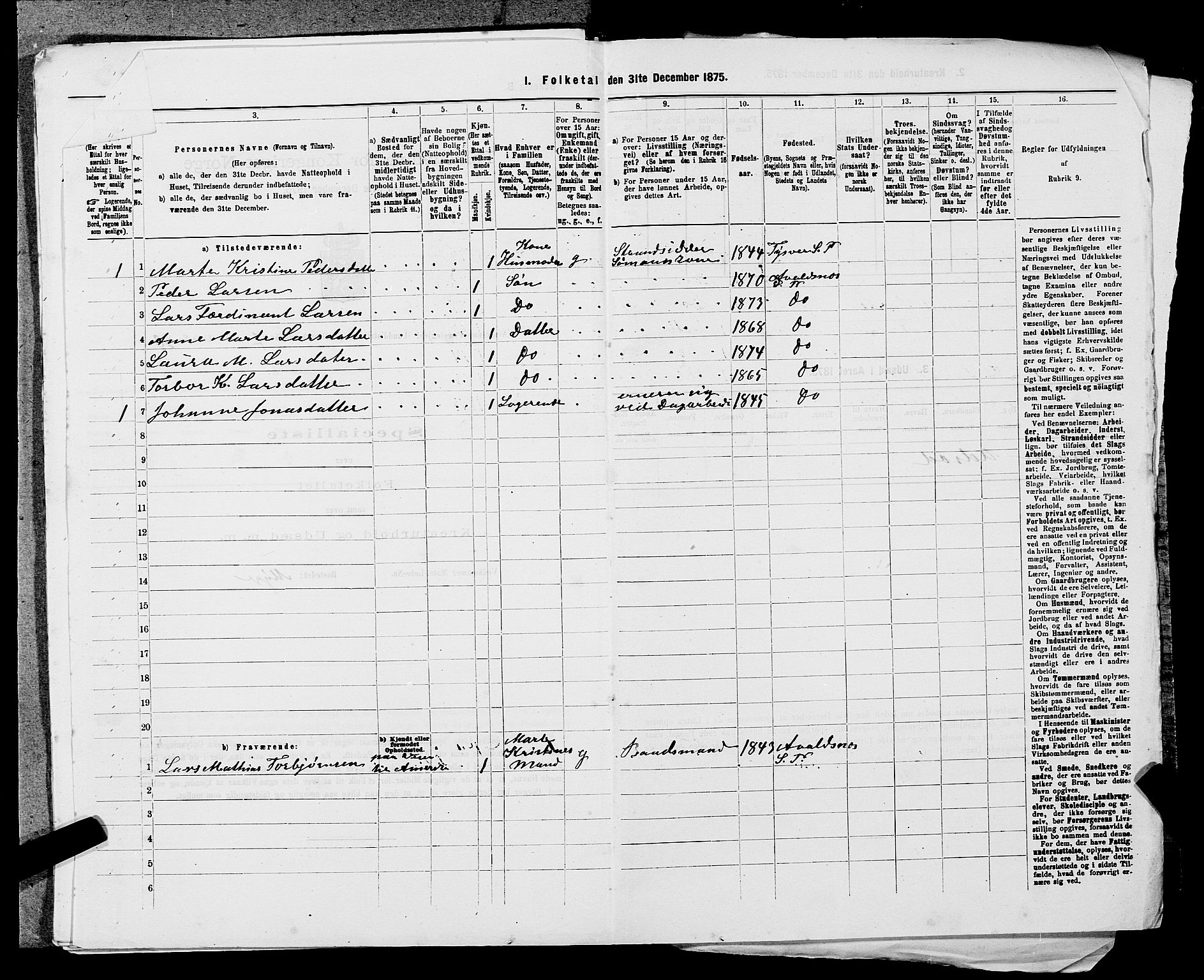 SAST, Folketelling 1875 for 1147L Avaldsnes prestegjeld, Avaldsnes sokn og Kopervik landsokn, 1875, s. 1287