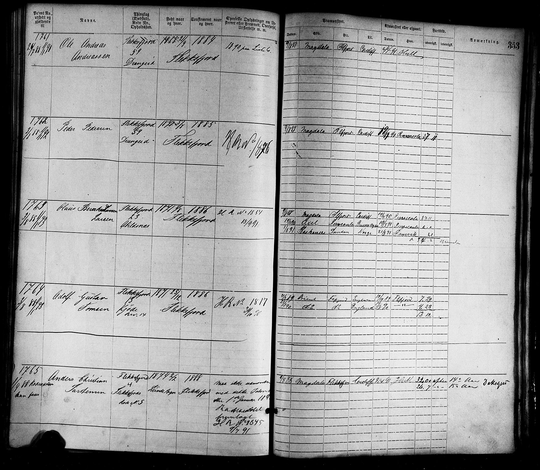 Flekkefjord mønstringskrets, AV/SAK-2031-0018/F/Fa/L0002: Annotasjonsrulle nr 1-1920 med register, N-2, 1870-1891, s. 388