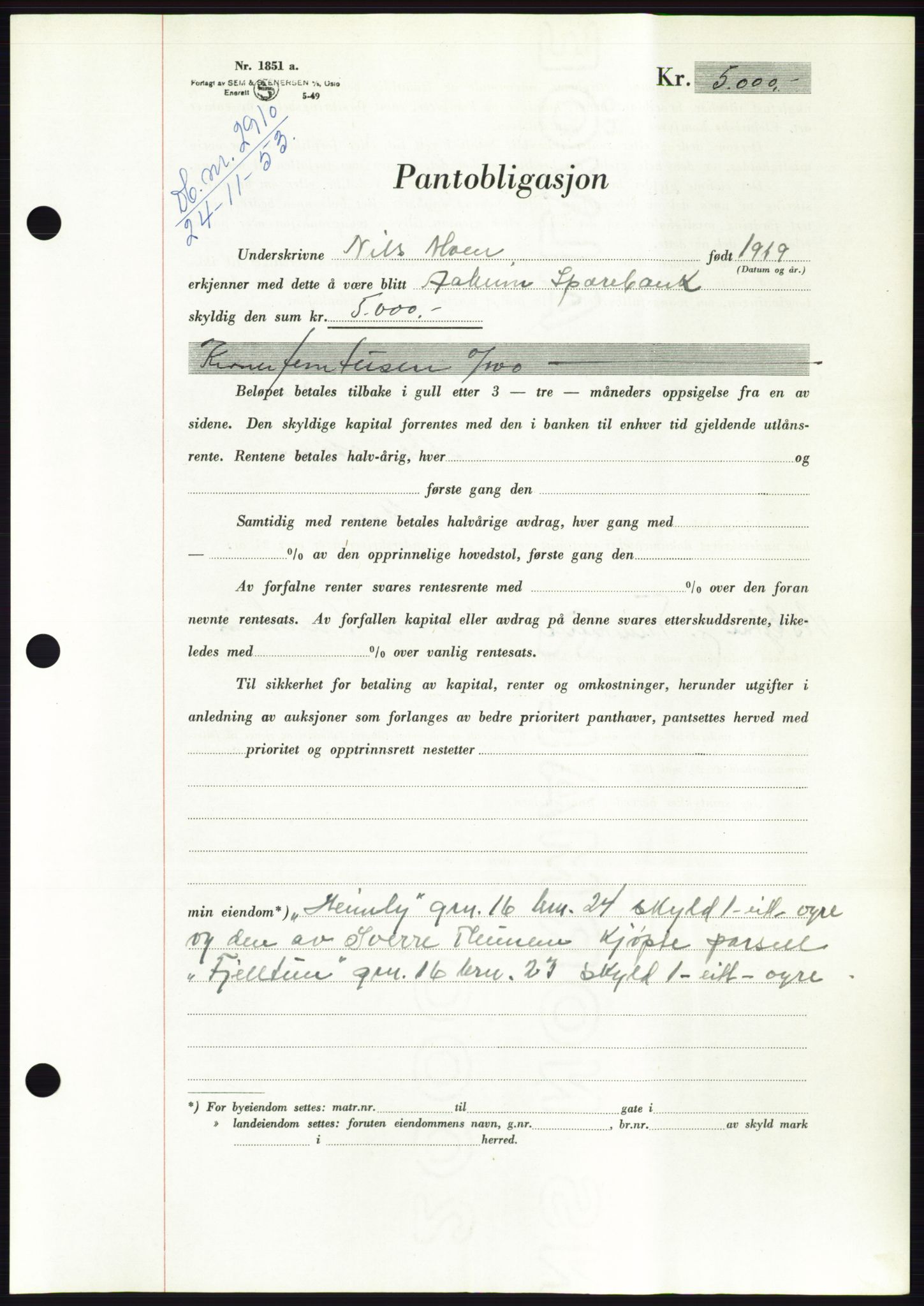 Søre Sunnmøre sorenskriveri, AV/SAT-A-4122/1/2/2C/L0124: Pantebok nr. 12B, 1953-1954, Dagboknr: 2916/1953