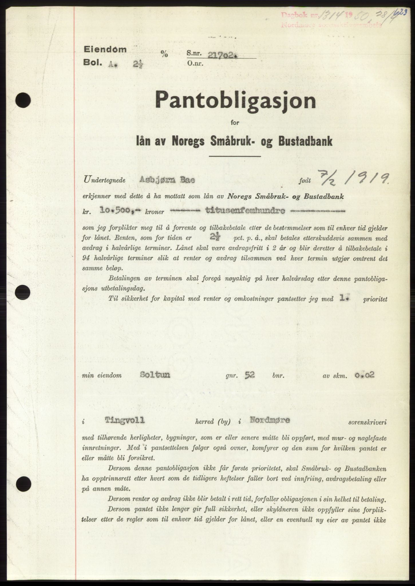 Nordmøre sorenskriveri, SAT/A-4132/1/2/2Ca: Pantebok nr. B104, 1950-1950, Dagboknr: 1314/1950