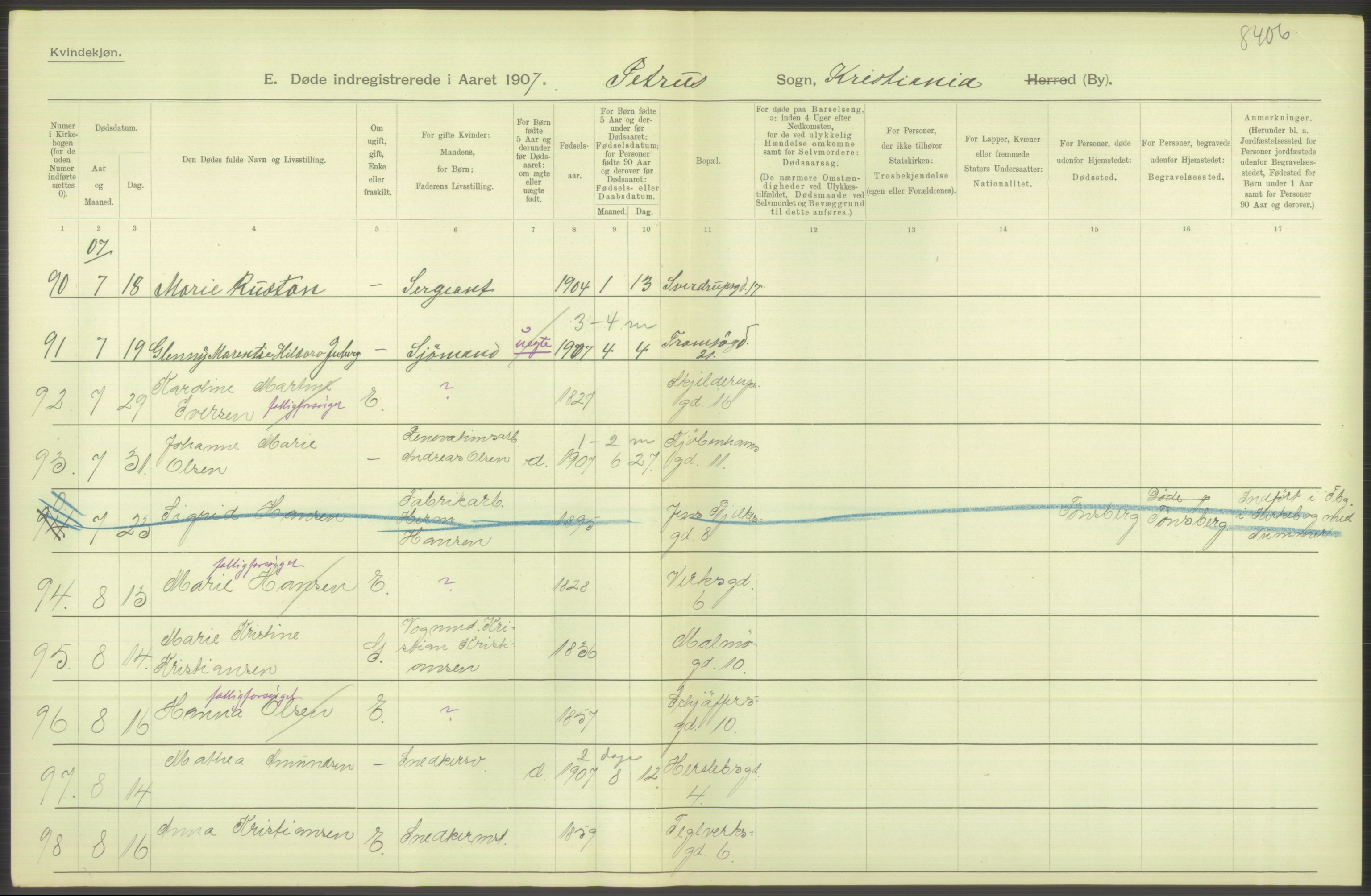 Statistisk sentralbyrå, Sosiodemografiske emner, Befolkning, RA/S-2228/D/Df/Dfa/Dfae/L0009: Kristiania: Døde, 1907, s. 354