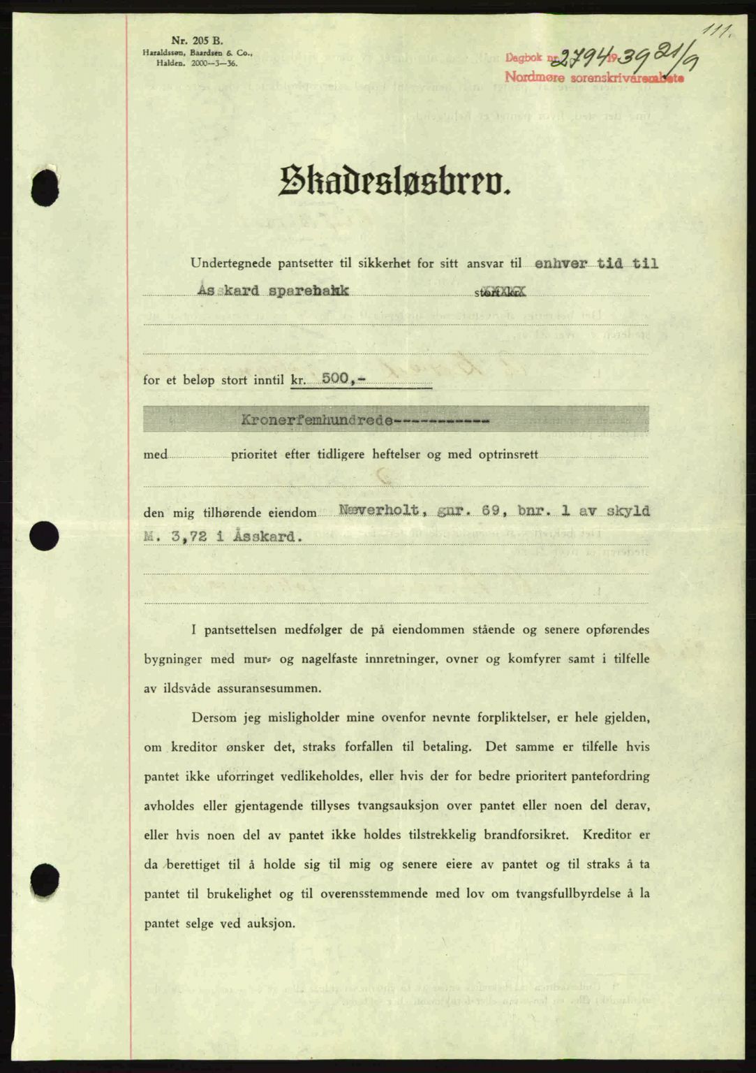 Nordmøre sorenskriveri, AV/SAT-A-4132/1/2/2Ca: Pantebok nr. B86, 1939-1940, Dagboknr: 2794/1939