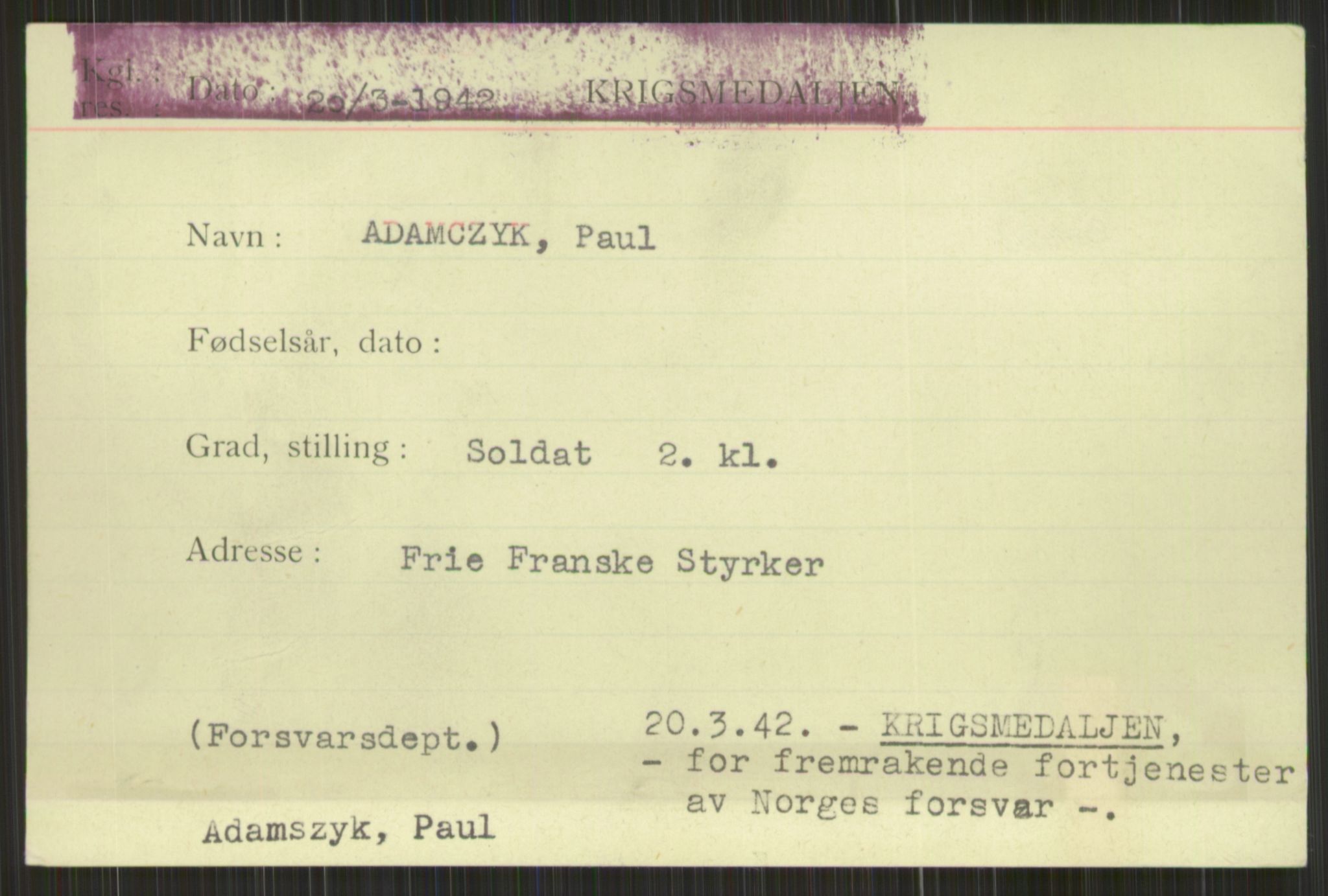 Forsvaret, Krigsdekorasjonskanselliet, AV/RA-RAFA-5156/G/Gc/L0001: Tildeling av dekorasjoner til utlendinger, 1944-1956, s. 343