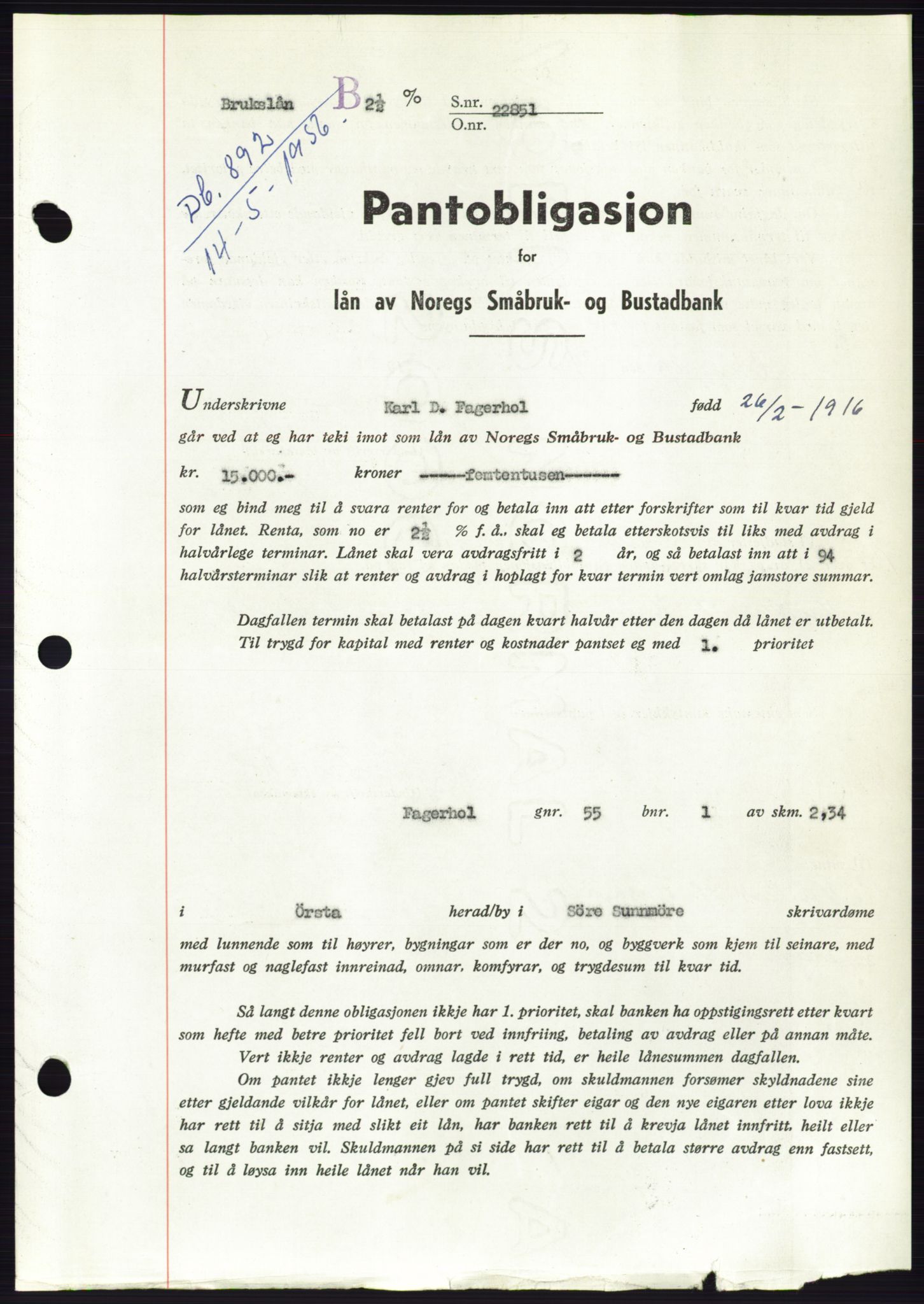 Søre Sunnmøre sorenskriveri, SAT/A-4122/1/2/2C/L0128: Pantebok nr. 16B, 1956-1956, Dagboknr: 892/1956