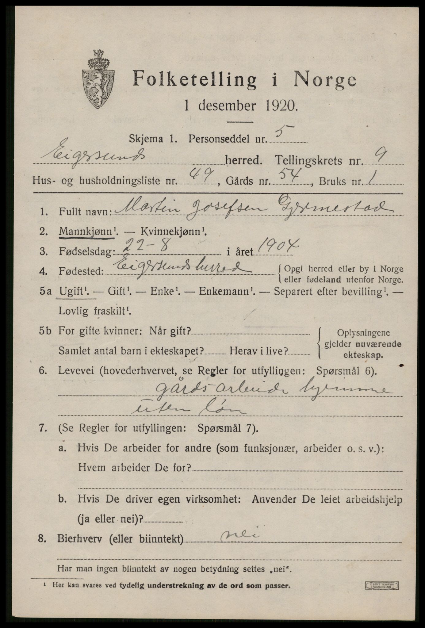 SAST, Folketelling 1920 for 1116 Eigersund herred, 1920, s. 6313