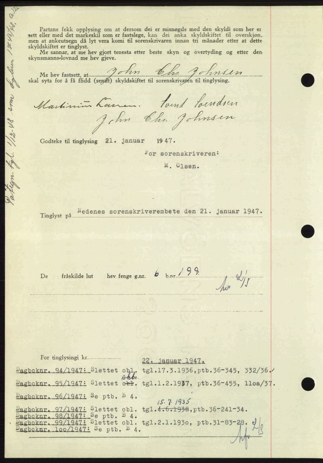 Nedenes sorenskriveri, AV/SAK-1221-0006/G/Gb/Gba/L0056: Pantebok nr. A8, 1946-1947, Dagboknr: 93/1947