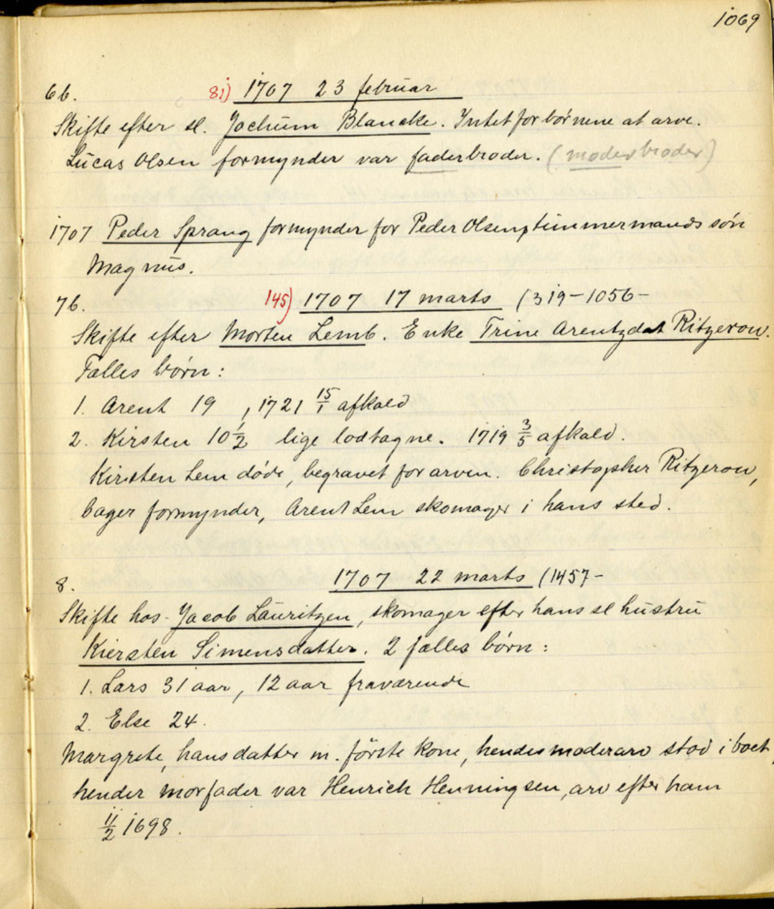 Sollied, Olaf og Thora - samlinger, AV/SAB-SAB/DA-0401/01/L0010/0004: Skifte: Utdrag av skifteprotokoller / 95 Skifteprotokoller: utdrag, 1704-1720, s. 1069