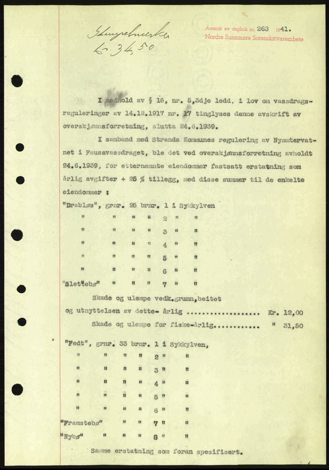 Nordre Sunnmøre sorenskriveri, SAT/A-0006/1/2/2C/2Ca: Pantebok nr. A10, 1940-1941, Dagboknr: 263/1941