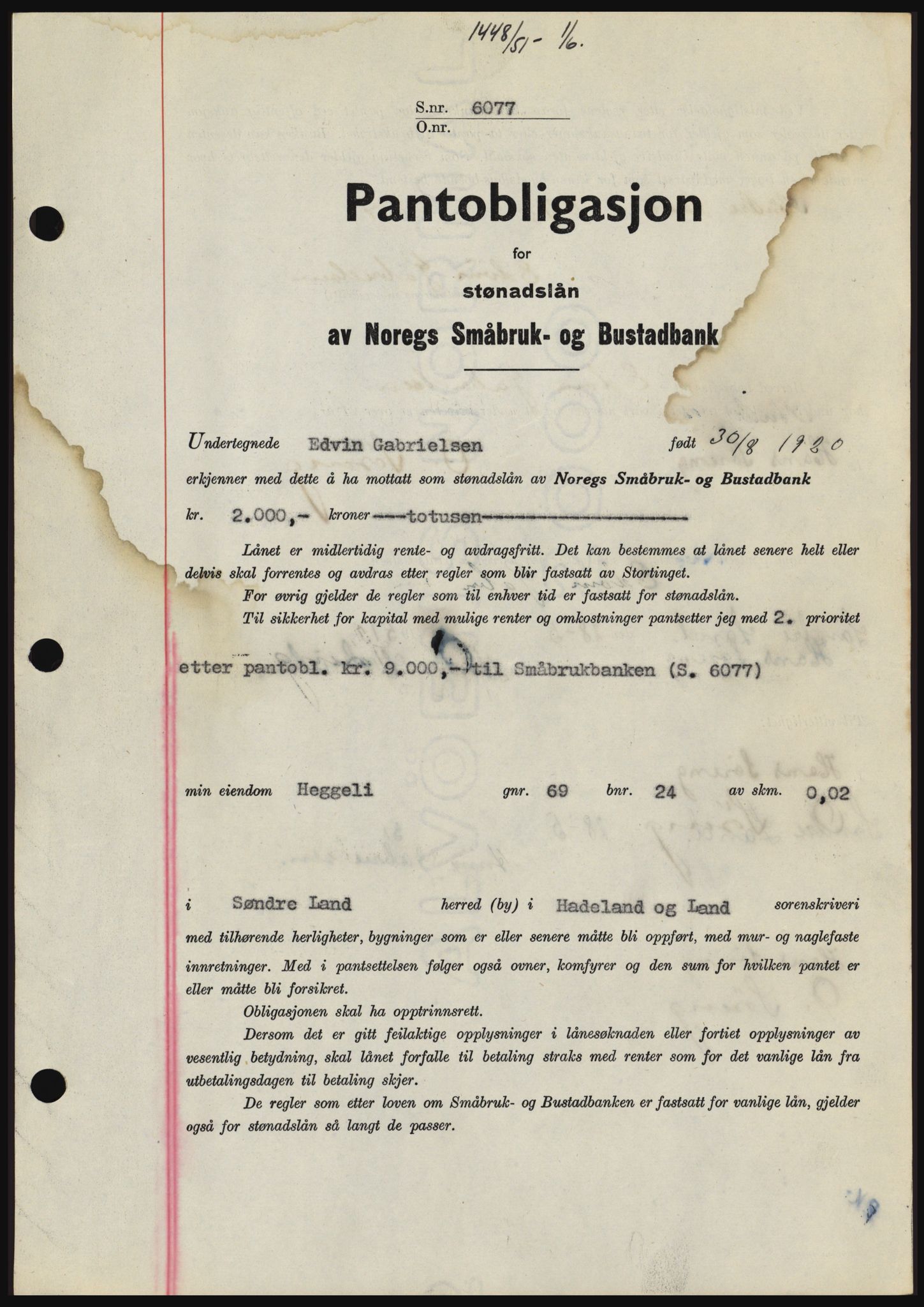 Hadeland og Land tingrett, SAH/TING-010/H/Hb/Hbc/L0021: Pantebok nr. B21, 1951-1951, Dagboknr: 1448/1951