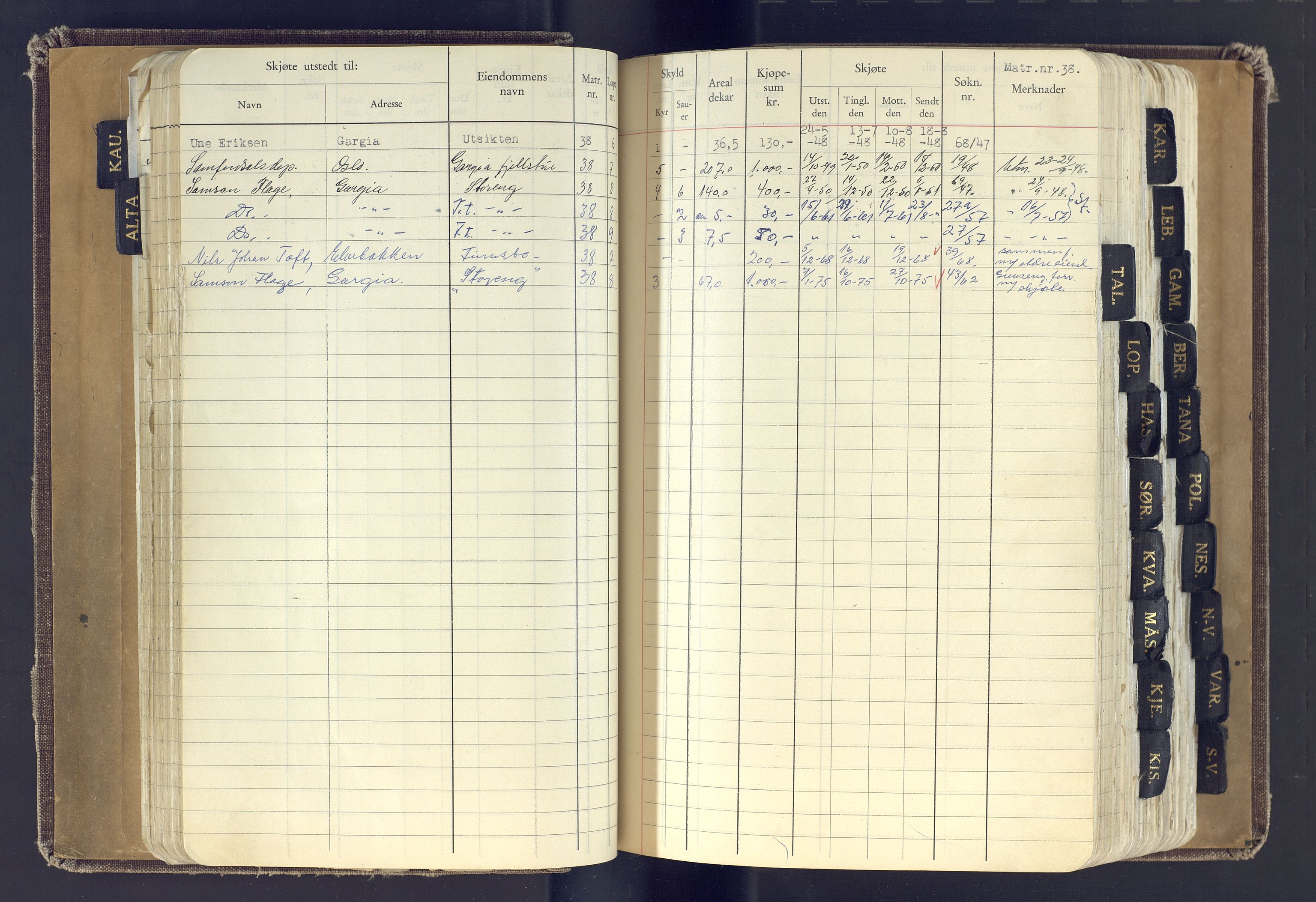 Finnmark jordsalgskommisjon/jordsalgskontor og Statskog SF Finnmark jordsalgskontor, AV/SATØ-S-1443/J/Jc/L0001: Skjøtebok, 1932-1983