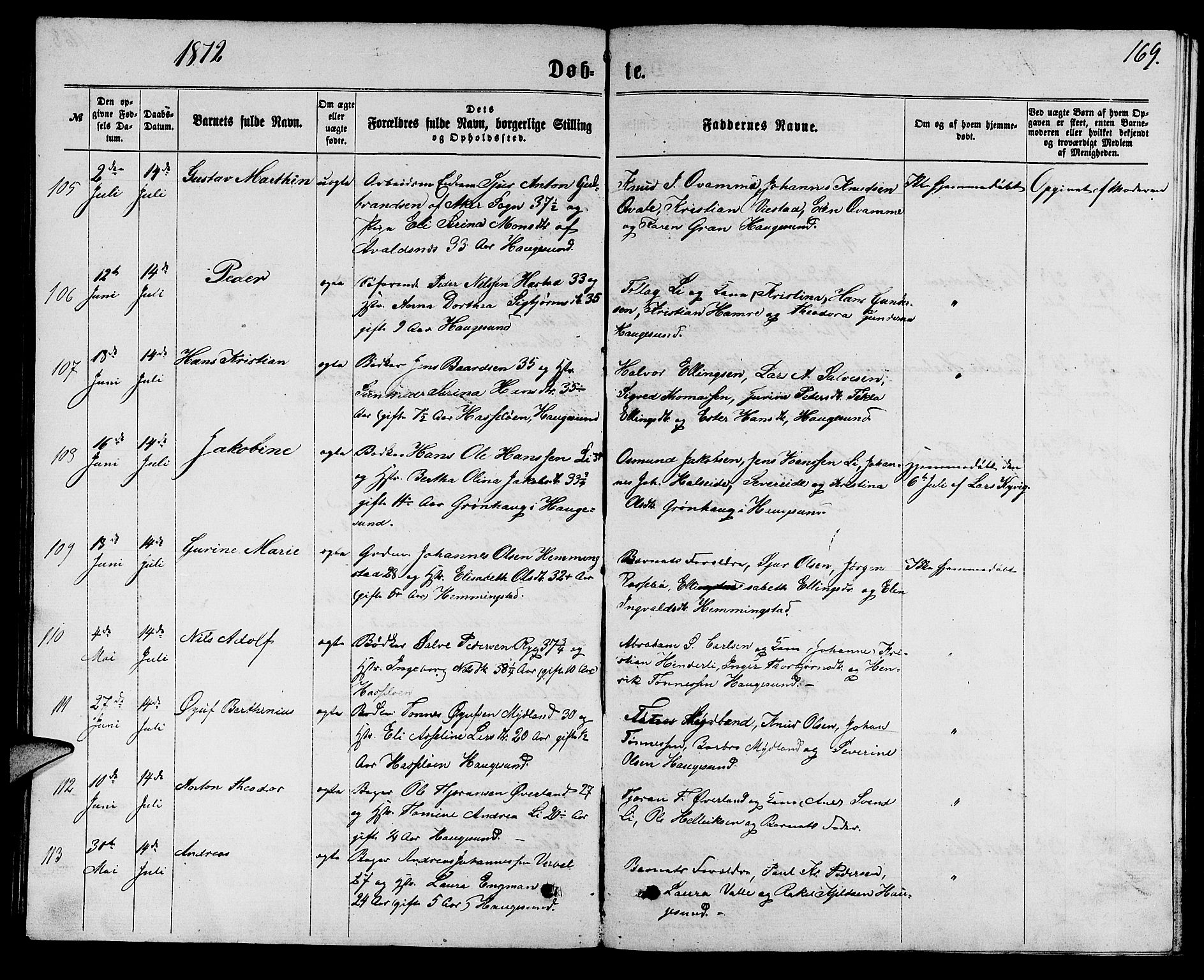 Torvastad sokneprestkontor, AV/SAST-A -101857/H/Ha/Hab/L0007: Klokkerbok nr. B 7, 1866-1873, s. 169