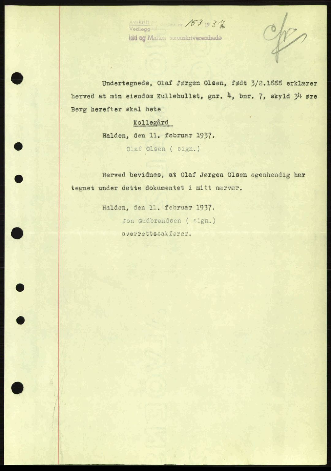 Idd og Marker sorenskriveri, AV/SAO-A-10283/G/Gb/Gbb/L0001: Pantebok nr. A1, 1936-1937, Dagboknr: 153/1937