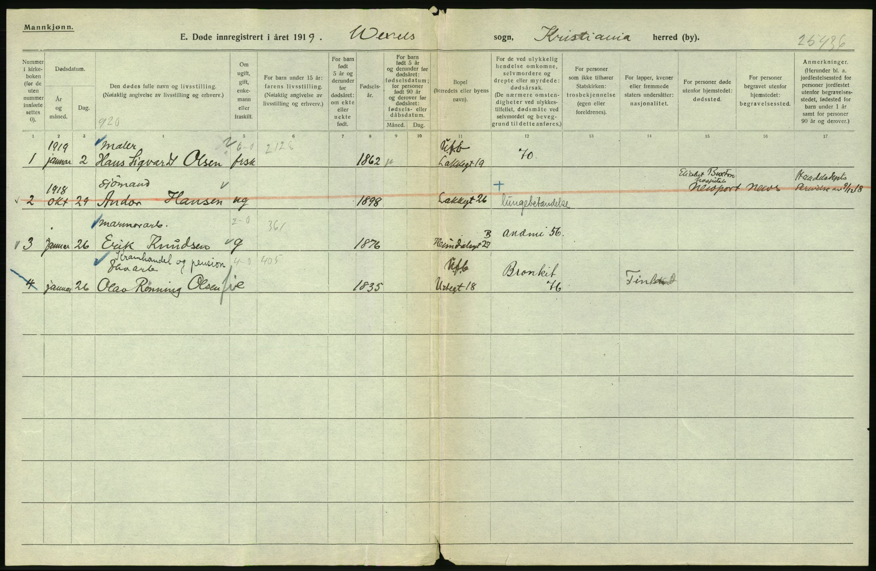 Statistisk sentralbyrå, Sosiodemografiske emner, Befolkning, AV/RA-S-2228/D/Df/Dfb/Dfbi/L0010: Kristiania: Døde, 1919, s. 86