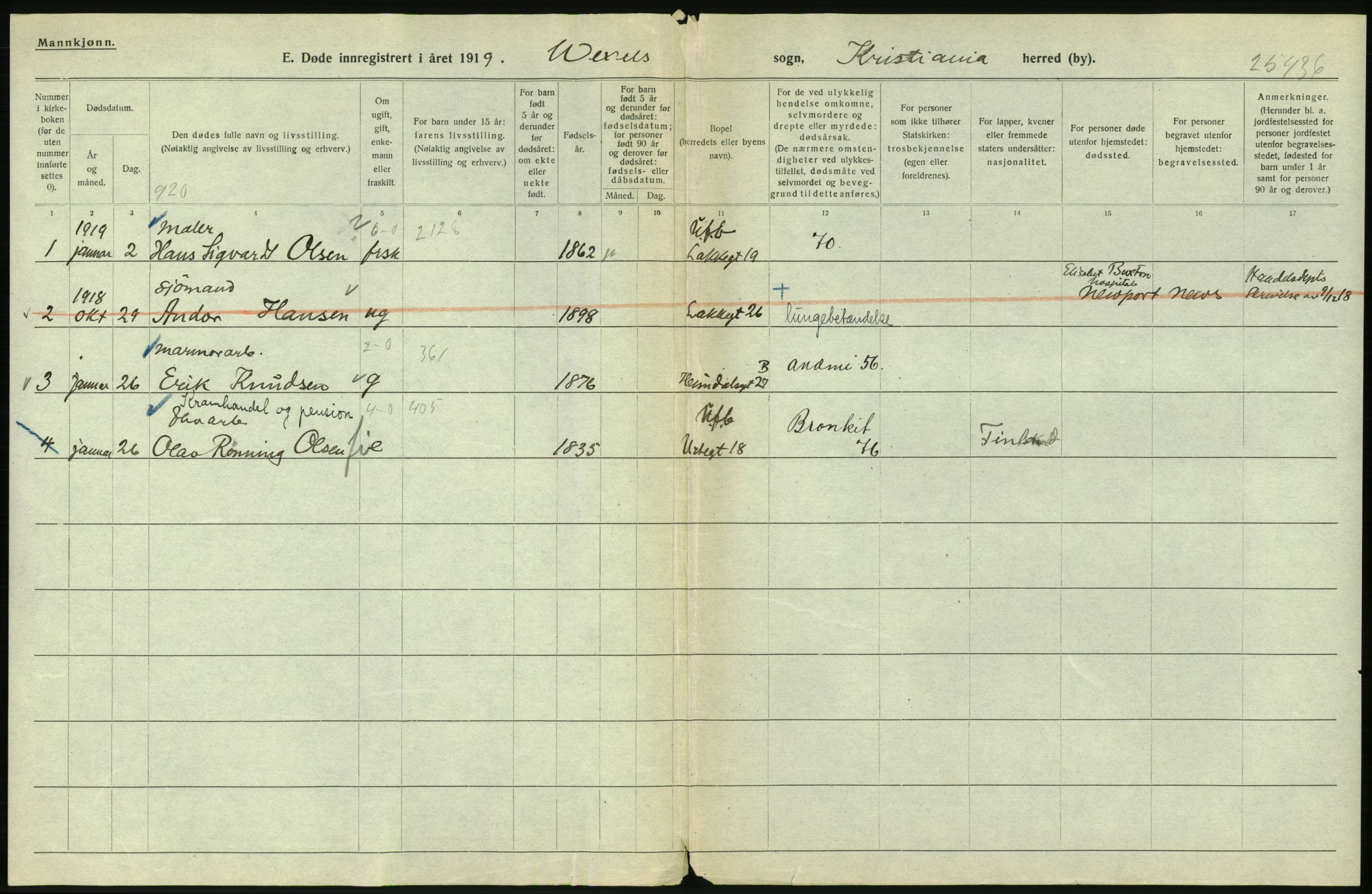 Statistisk sentralbyrå, Sosiodemografiske emner, Befolkning, RA/S-2228/D/Df/Dfb/Dfbi/L0010: Kristiania: Døde, 1919, s. 86