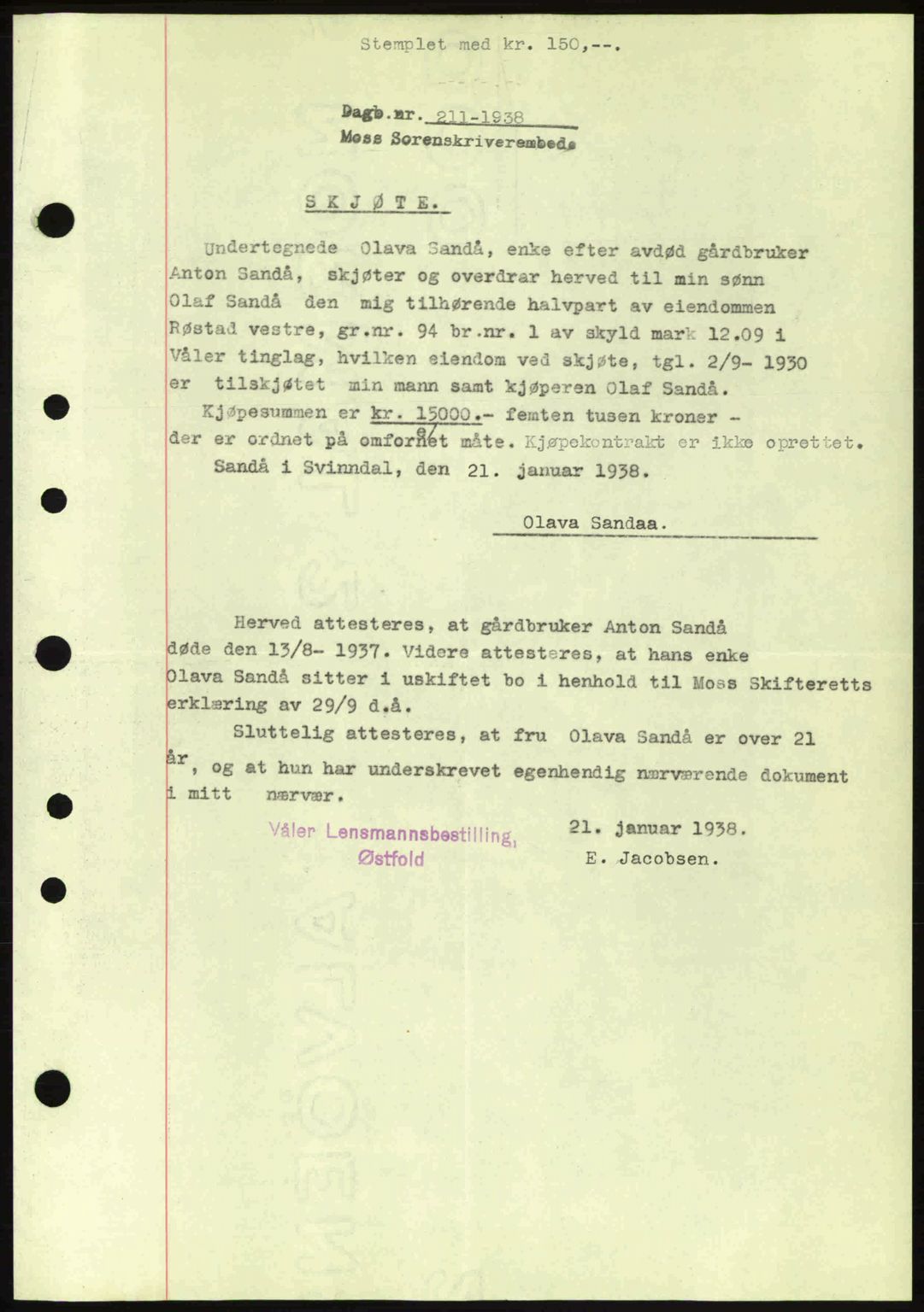 Moss sorenskriveri, SAO/A-10168: Pantebok nr. A3, 1937-1938, Dagboknr: 211/1938