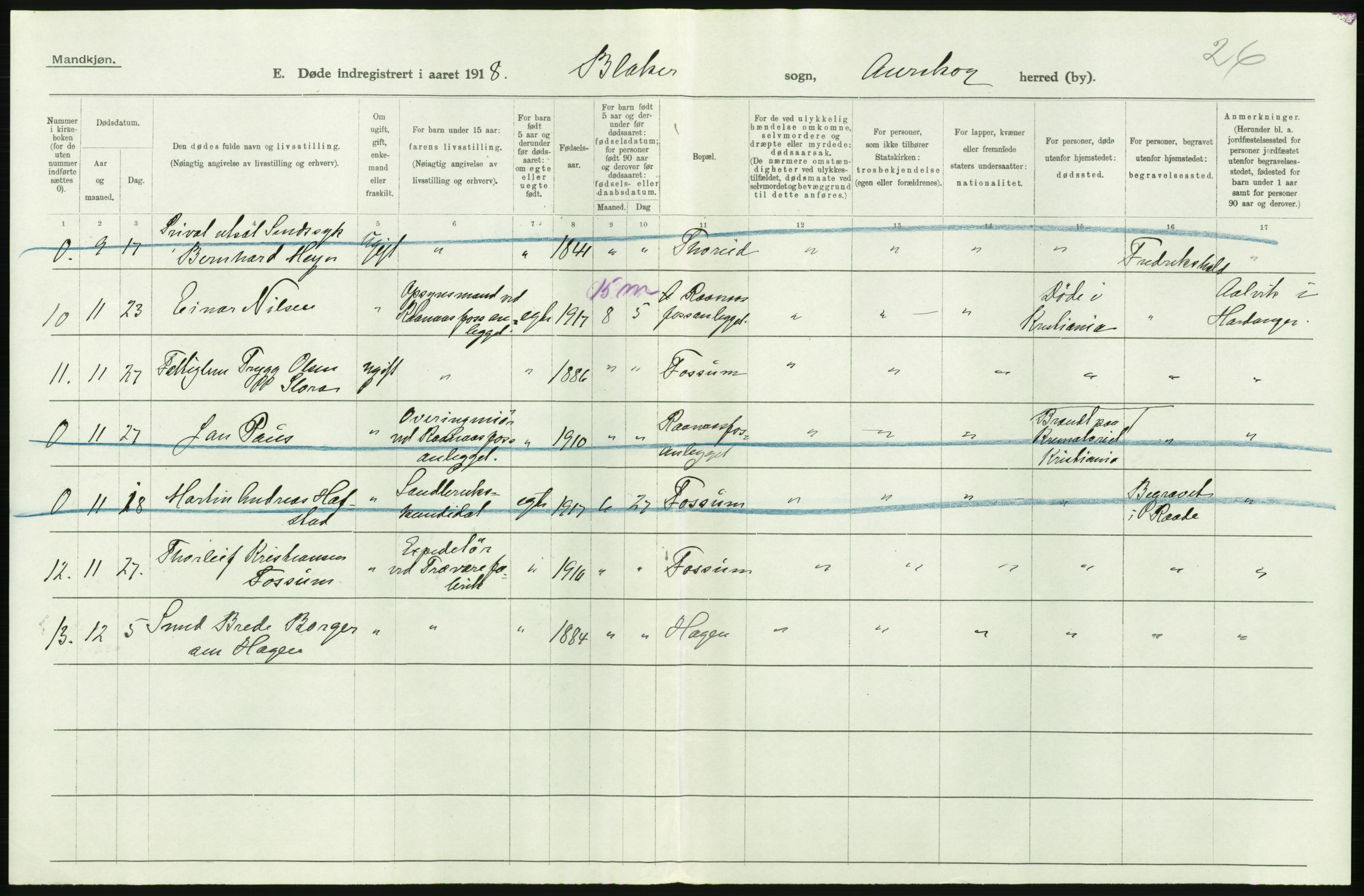 Statistisk sentralbyrå, Sosiodemografiske emner, Befolkning, AV/RA-S-2228/D/Df/Dfb/Dfbh/L0006: Akershus fylke: Døde. Bygder og byer., 1918, s. 194