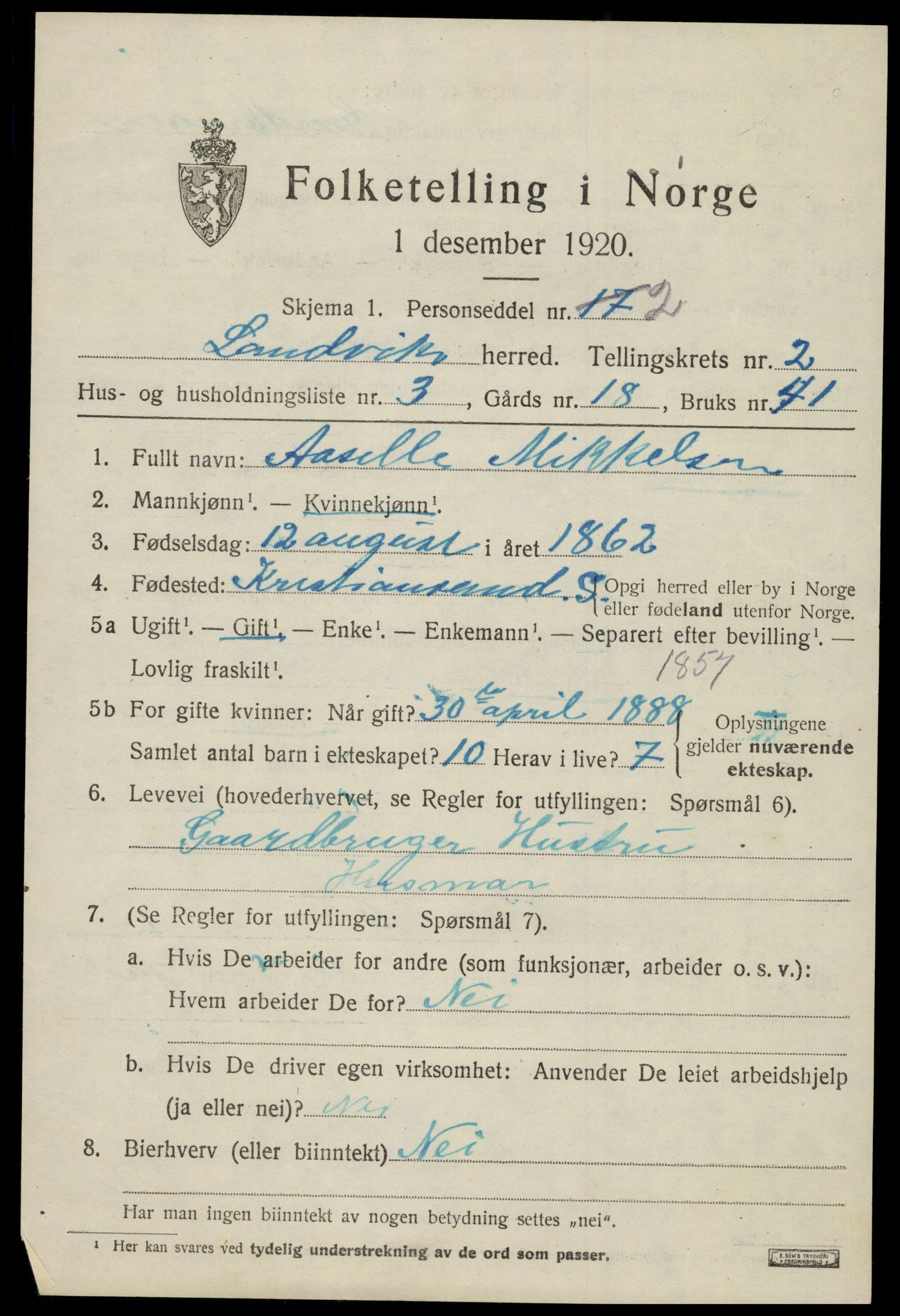 SAK, Folketelling 1920 for 0924 Landvik herred, 1920, s. 1804
