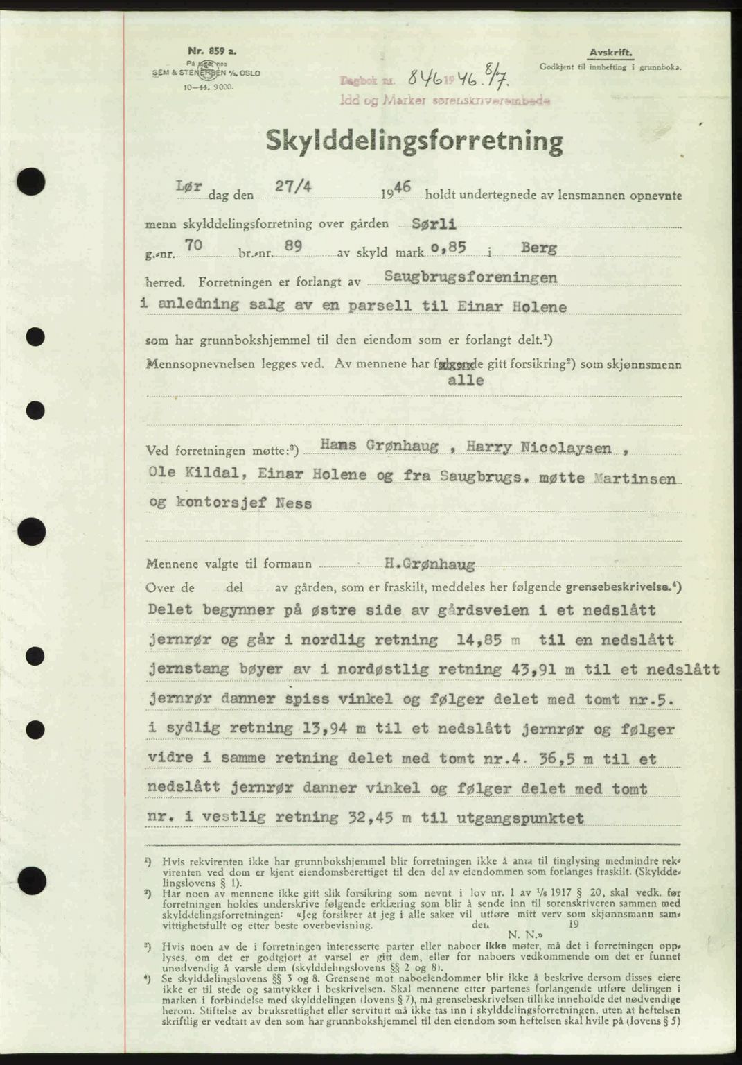 Idd og Marker sorenskriveri, SAO/A-10283/G/Gb/Gbb/L0008: Pantebok nr. A8, 1946-1946, Dagboknr: 846/1946