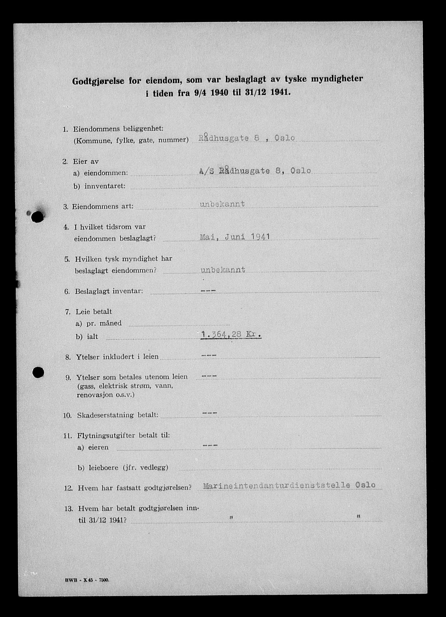 Justisdepartementet, Tilbakeføringskontoret for inndratte formuer, RA/S-1564/I/L1011: Godtgjørelse for beslaglagt eiendom, 1940-1941, s. 520