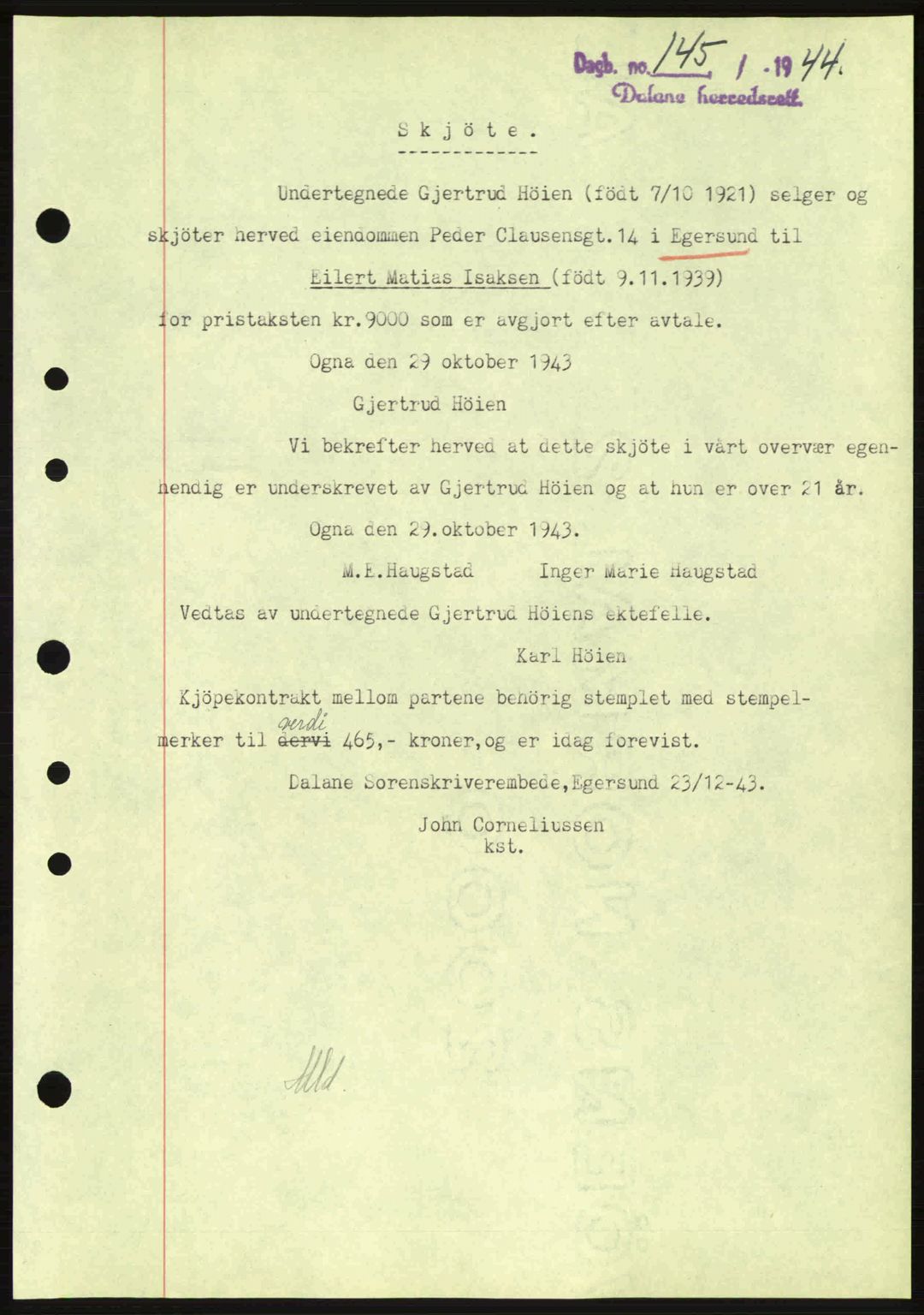Dalane sorenskriveri, SAST/A-100309/02/G/Gb/L0047: Pantebok nr. A8 I, 1944-1945, Dagboknr: 145/1944