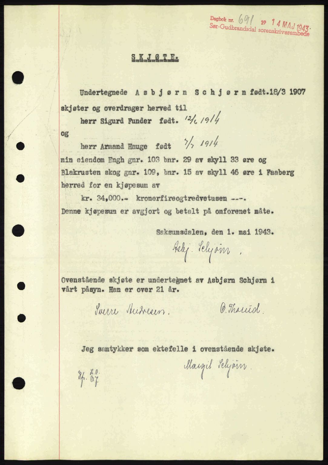 Sør-Gudbrandsdal tingrett, SAH/TING-004/H/Hb/Hbd/L0011: Pantebok nr. A11, 1942-1943, Dagboknr: 691/1943