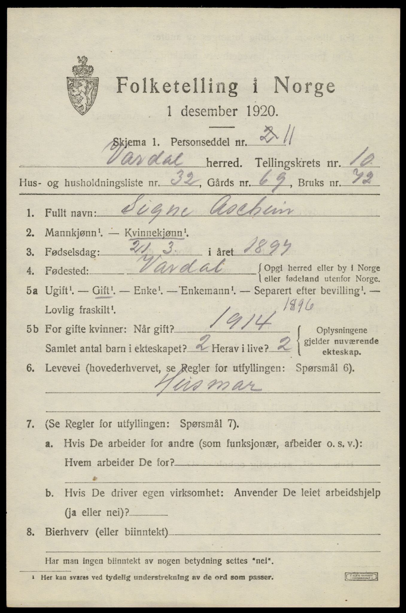 SAH, Folketelling 1920 for 0527 Vardal herred, 1920, s. 9025