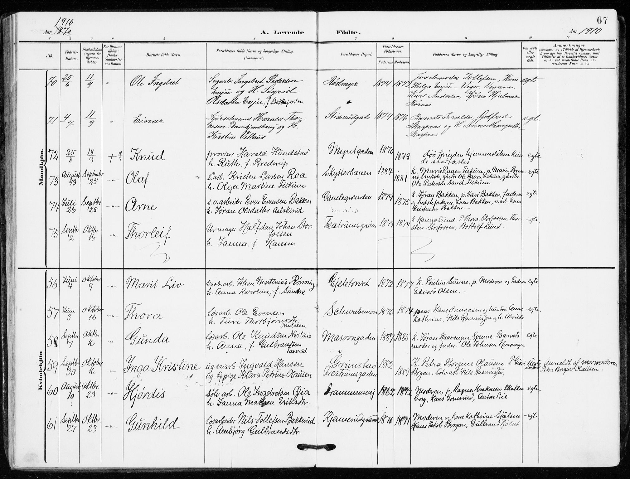 Kongsberg kirkebøker, AV/SAKO-A-22/F/Fb/L0004: Ministerialbok nr. II 4, 1906-1918, s. 67