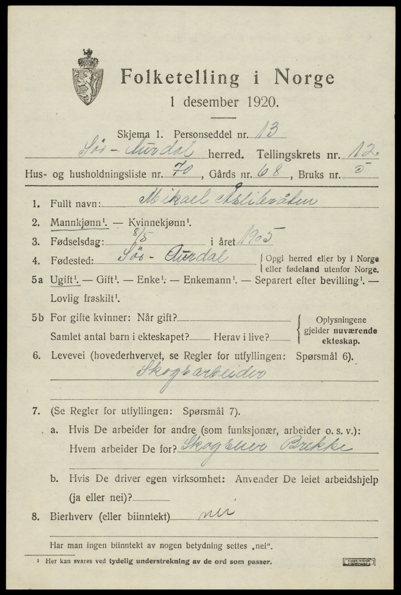 SAH, Folketelling 1920 for 0540 Sør-Aurdal herred, 1920, s. 7661