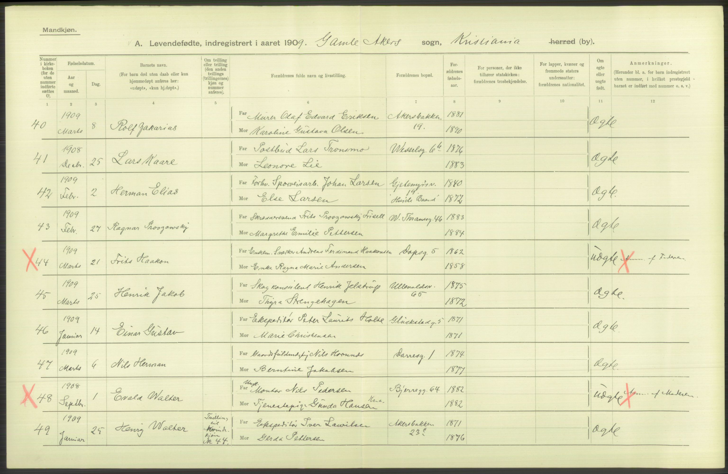 Statistisk sentralbyrå, Sosiodemografiske emner, Befolkning, RA/S-2228/D/Df/Dfa/Dfag/L0007: Kristiania: Levendefødte menn og kvinner., 1909, s. 386