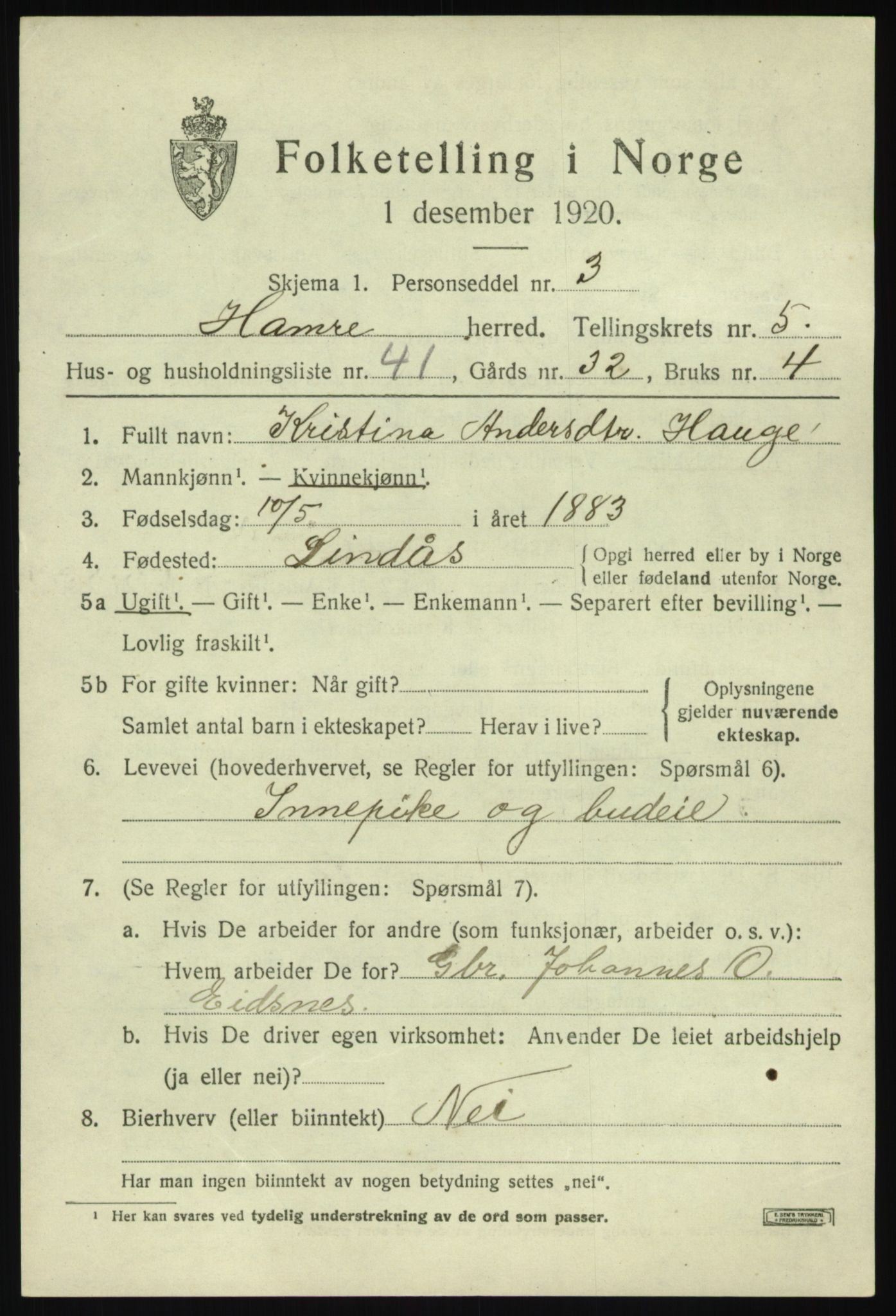 SAB, Folketelling 1920 for 1254 Hamre herred, 1920, s. 3411