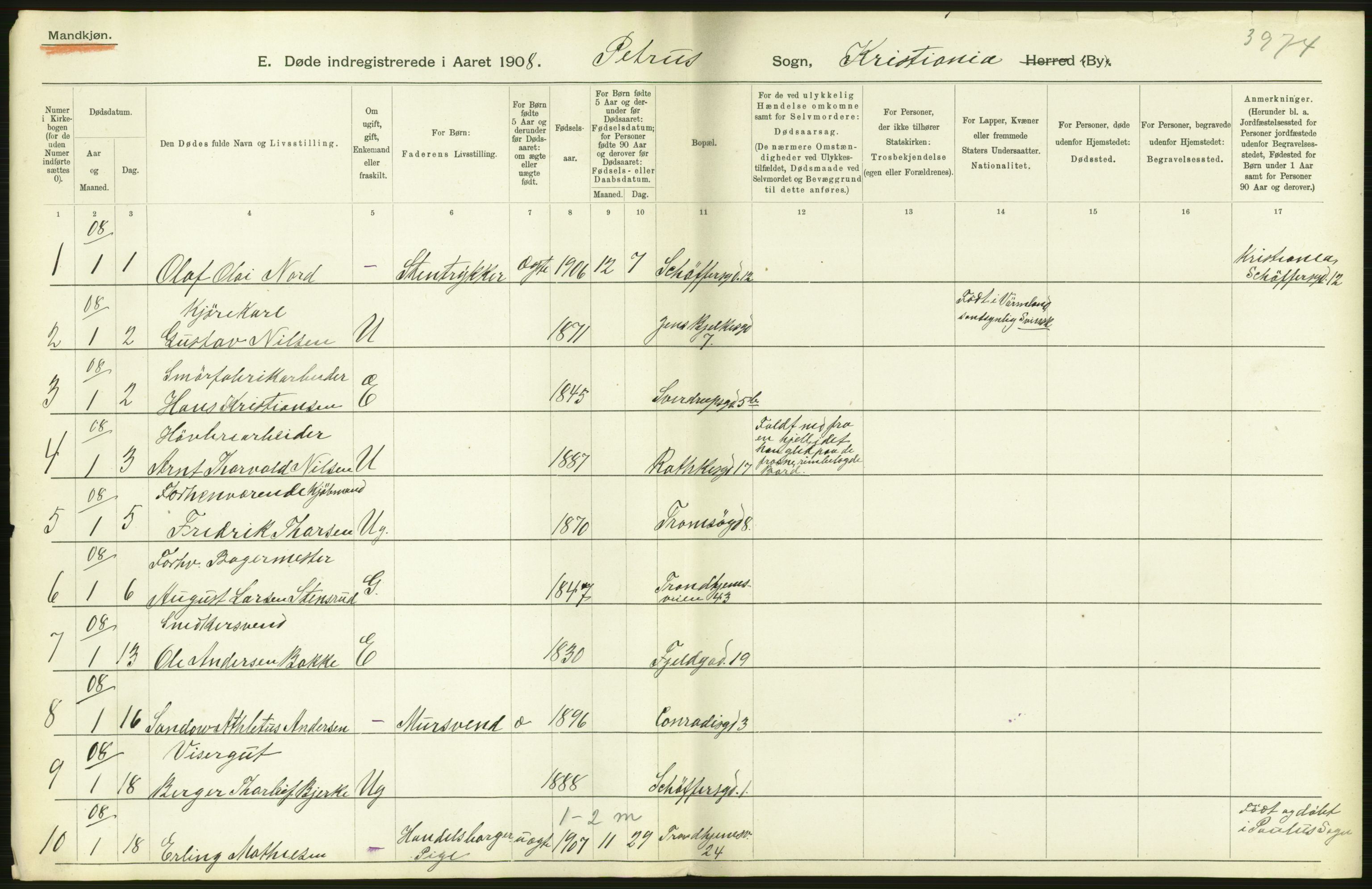 Statistisk sentralbyrå, Sosiodemografiske emner, Befolkning, AV/RA-S-2228/D/Df/Dfa/Dfaf/L0009: Kristiania: Døde, dødfødte., 1908, s. 272