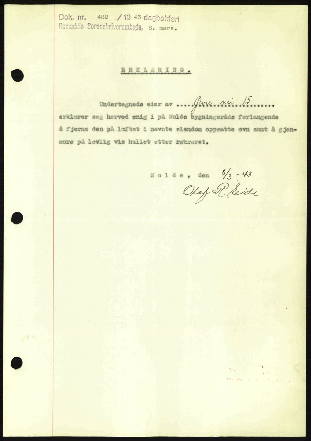 Romsdal sorenskriveri, SAT/A-4149/1/2/2C: Pantebok nr. B2, 1939-1945, Dagboknr: 482/1943