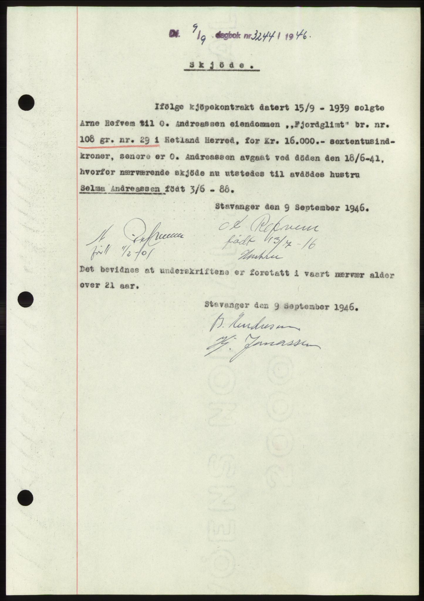 Jæren sorenskriveri, SAST/A-100310/03/G/Gba/L0091: Pantebok, 1946-1946, Dagboknr: 3244/1946
