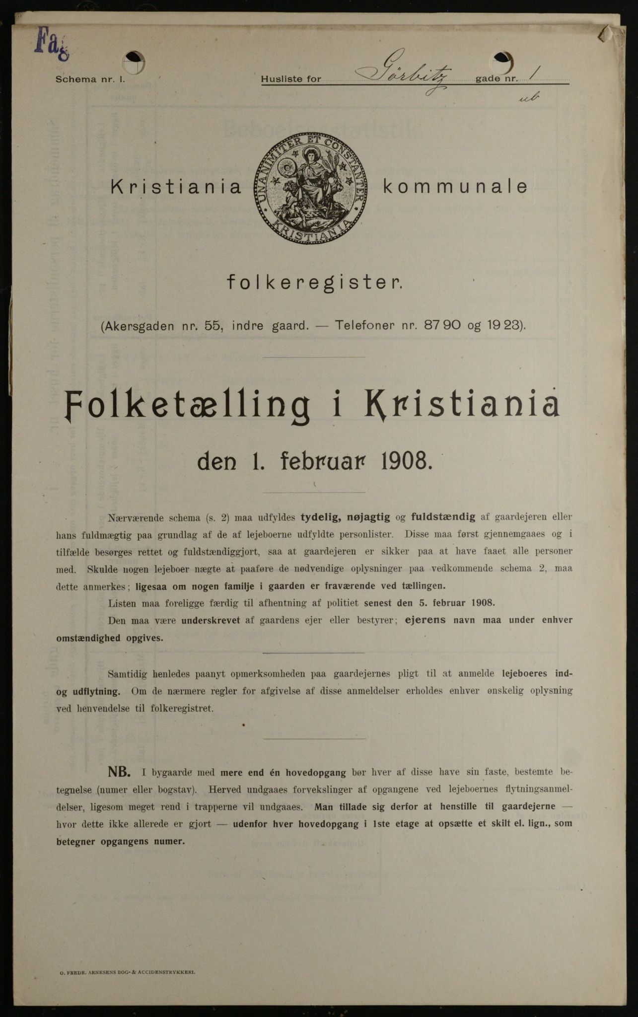 OBA, Kommunal folketelling 1.2.1908 for Kristiania kjøpstad, 1908, s. 29516