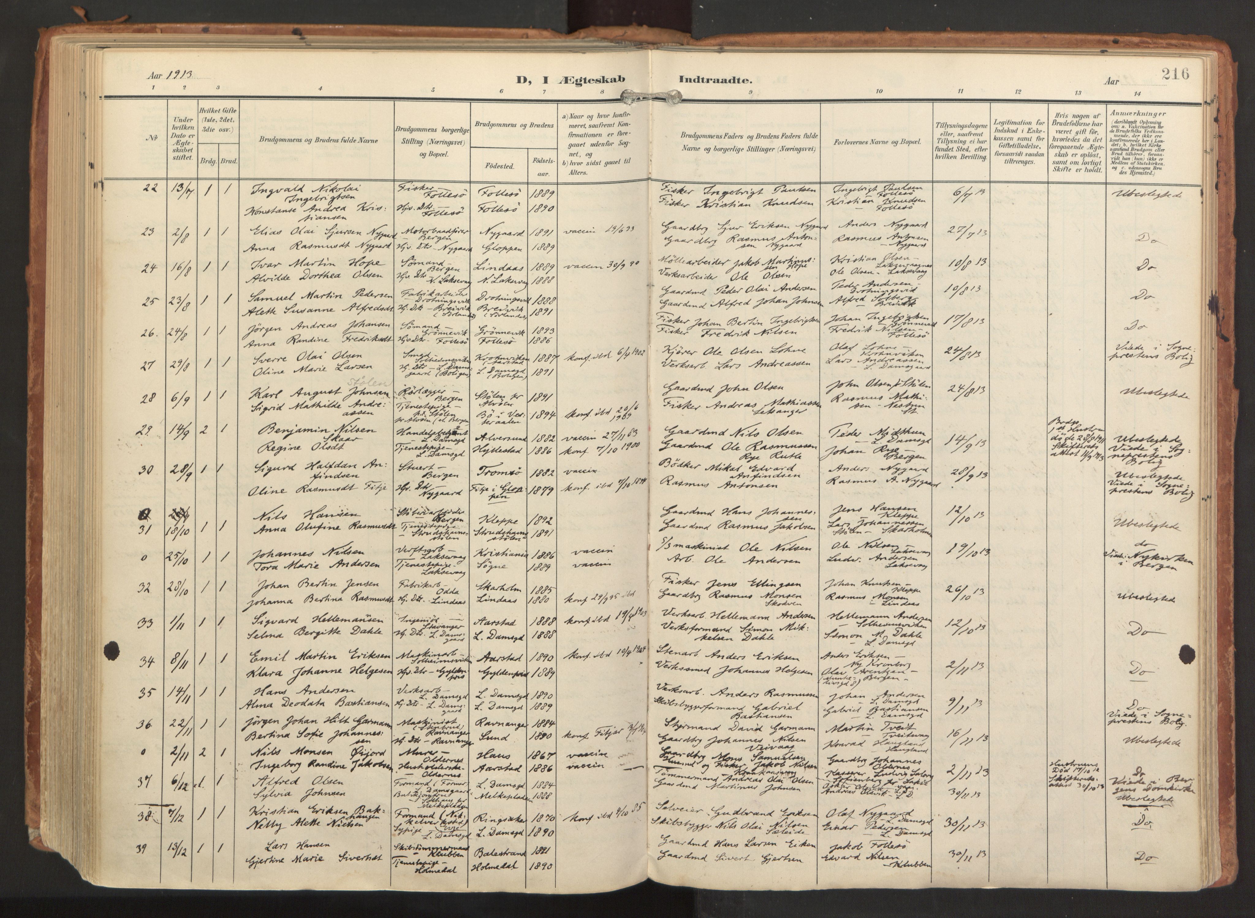 Laksevåg Sokneprestembete, AV/SAB-A-76501/H/Ha/Haa/Haaa/L0001: Ministerialbok nr. A 1, 1903-1917, s. 216