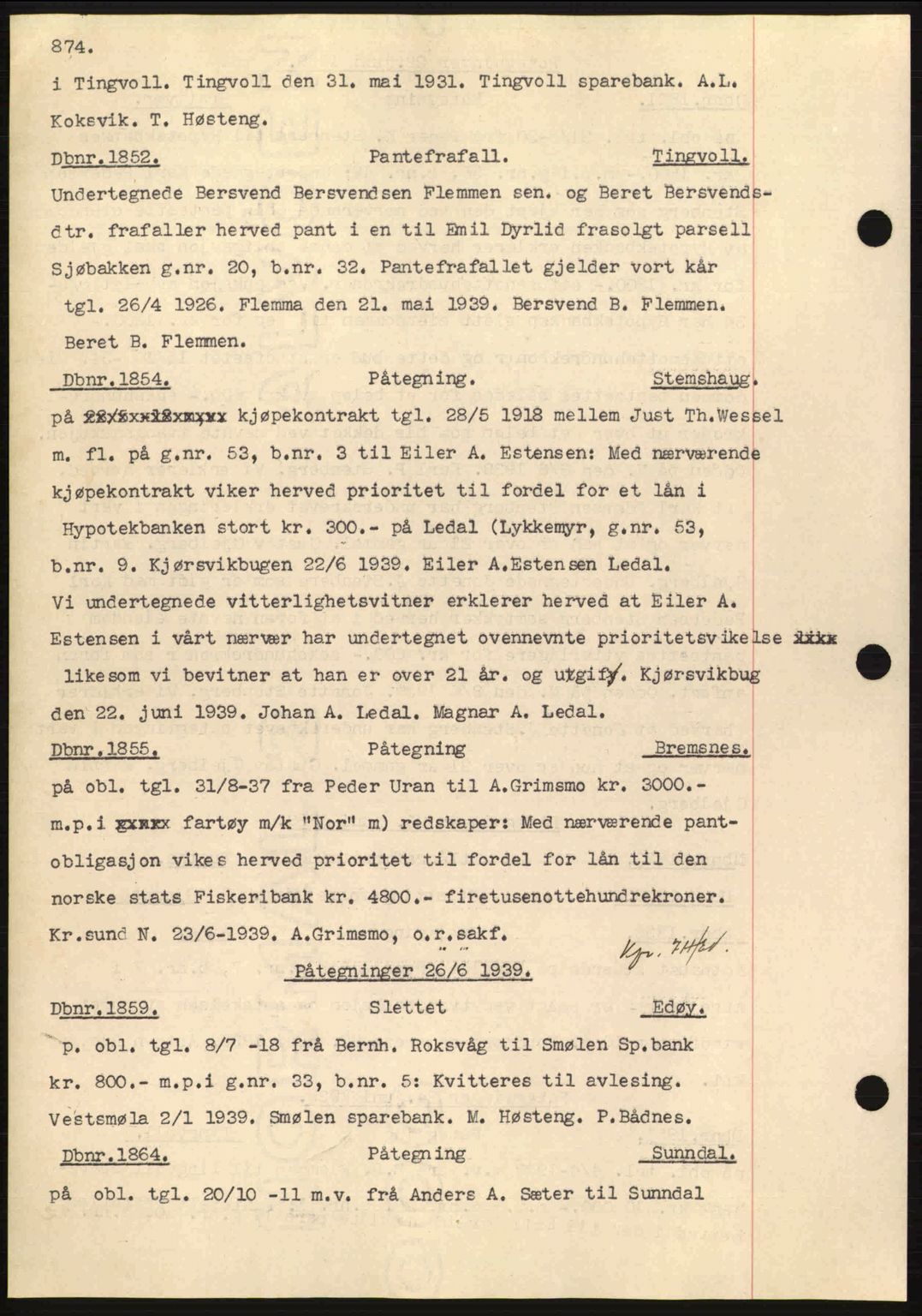 Nordmøre sorenskriveri, SAT/A-4132/1/2/2Ca: Pantebok nr. C80, 1936-1939, Dagboknr: 1852/1939