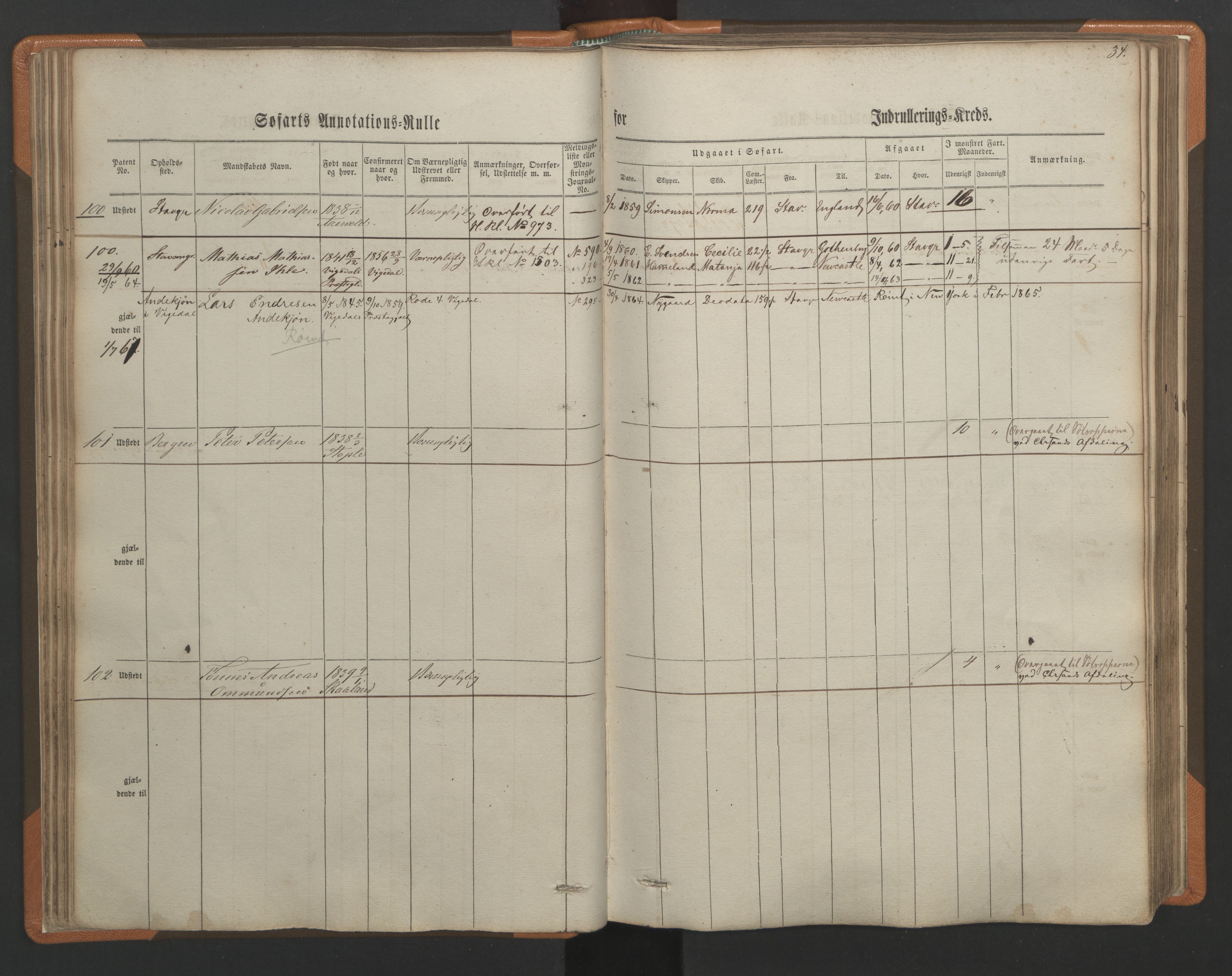 Stavanger sjømannskontor, SAST/A-102006/F/Ff/L0001: Annotasjonsrulle, patentnr. 1-597 (del 1), 1860-1864, s. 41