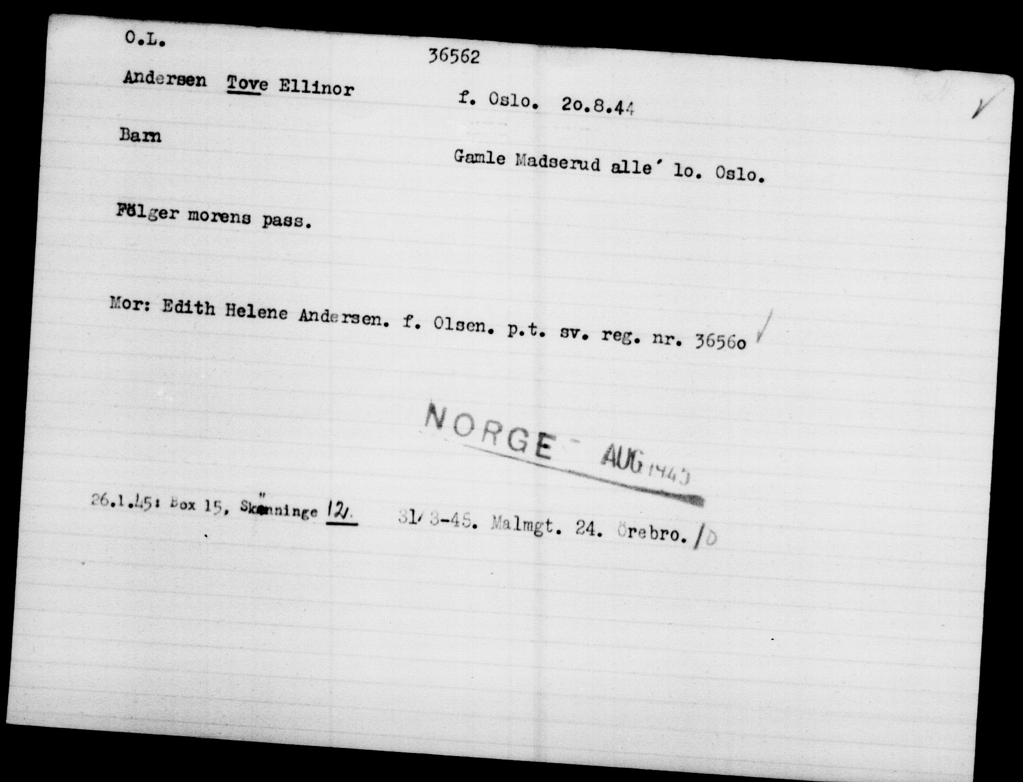 Utenriksstasjonene, Legasjonen i Stockholm, Flyktningkontoret, AV/RA-S-6753/V/Va/L0014: Kjesäterkartoteket, flyktninger med registreringsnr. 34700-37855, 1940-1945, s. 1957