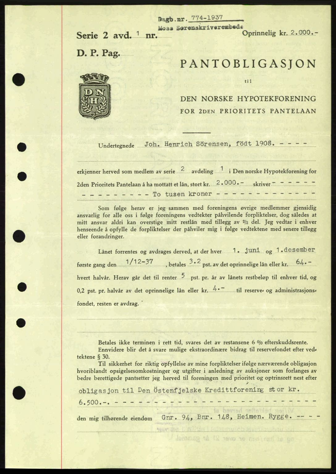 Moss sorenskriveri, SAO/A-10168: Pantebok nr. B3, 1937-1937, Dagboknr: 774/1937