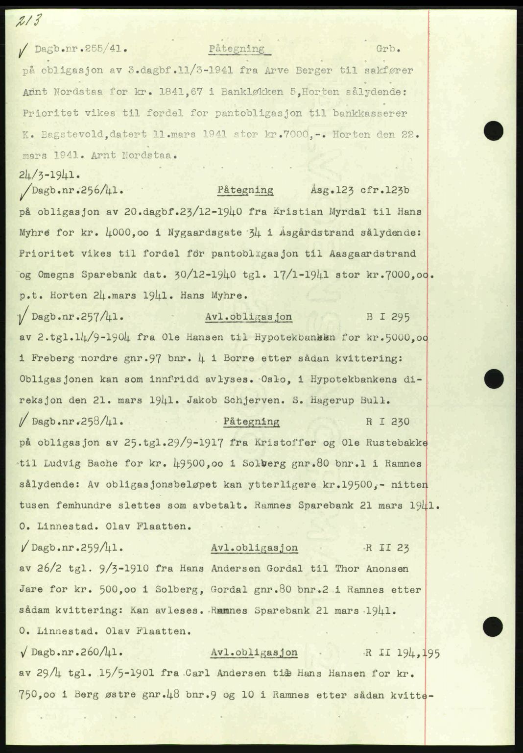 Horten sorenskriveri, SAKO/A-133/G/Ga/Gab/L0002: Pantebok nr. B-3 - B-4, 1938-1941, Dagboknr: 255/1941