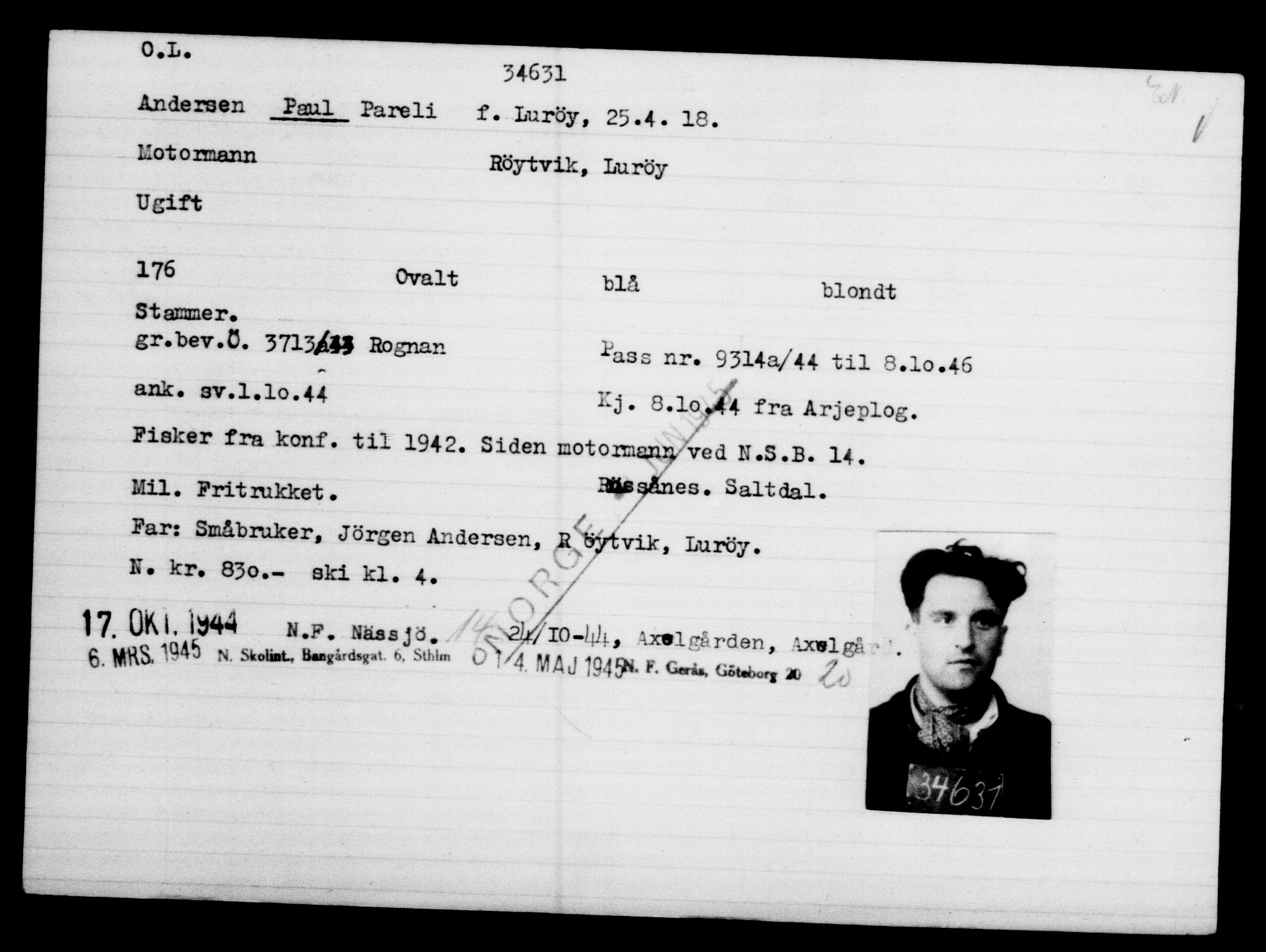 Utenriksstasjonene, Legasjonen i Stockholm, Flyktningkontoret, AV/RA-S-6753/V/Va/L0013: Kjesäterkartoteket, flyktninger med registreringsnr. 31500-34731, 1940-1945, s. 3297