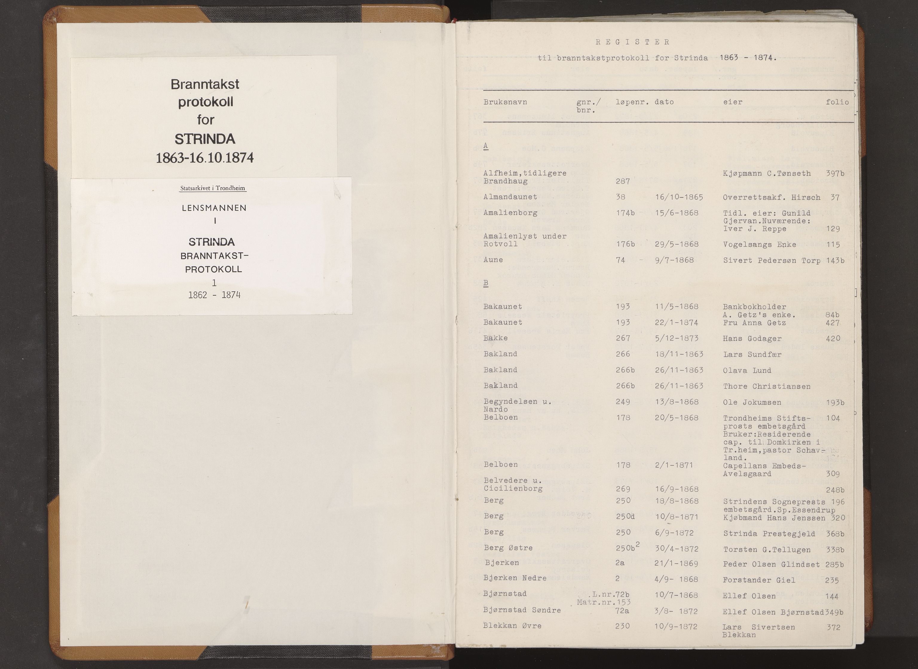 Norges Brannkasse Strinda, SAT/A-5516/Fa/L0001: Branntakstprotokoll, 1862-1874