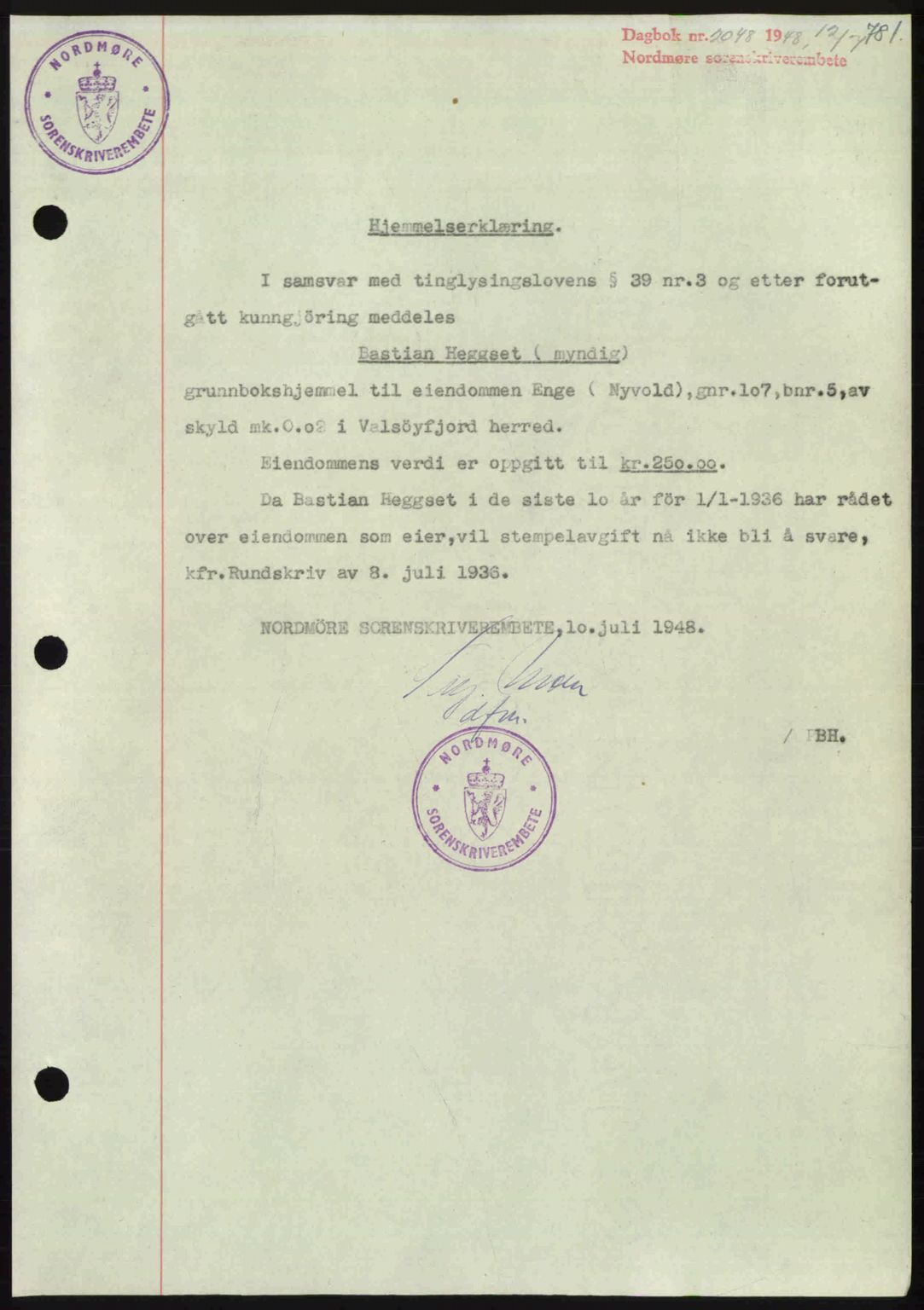 Nordmøre sorenskriveri, SAT/A-4132/1/2/2Ca: Pantebok nr. A108, 1948-1948, Dagboknr: 2048/1948