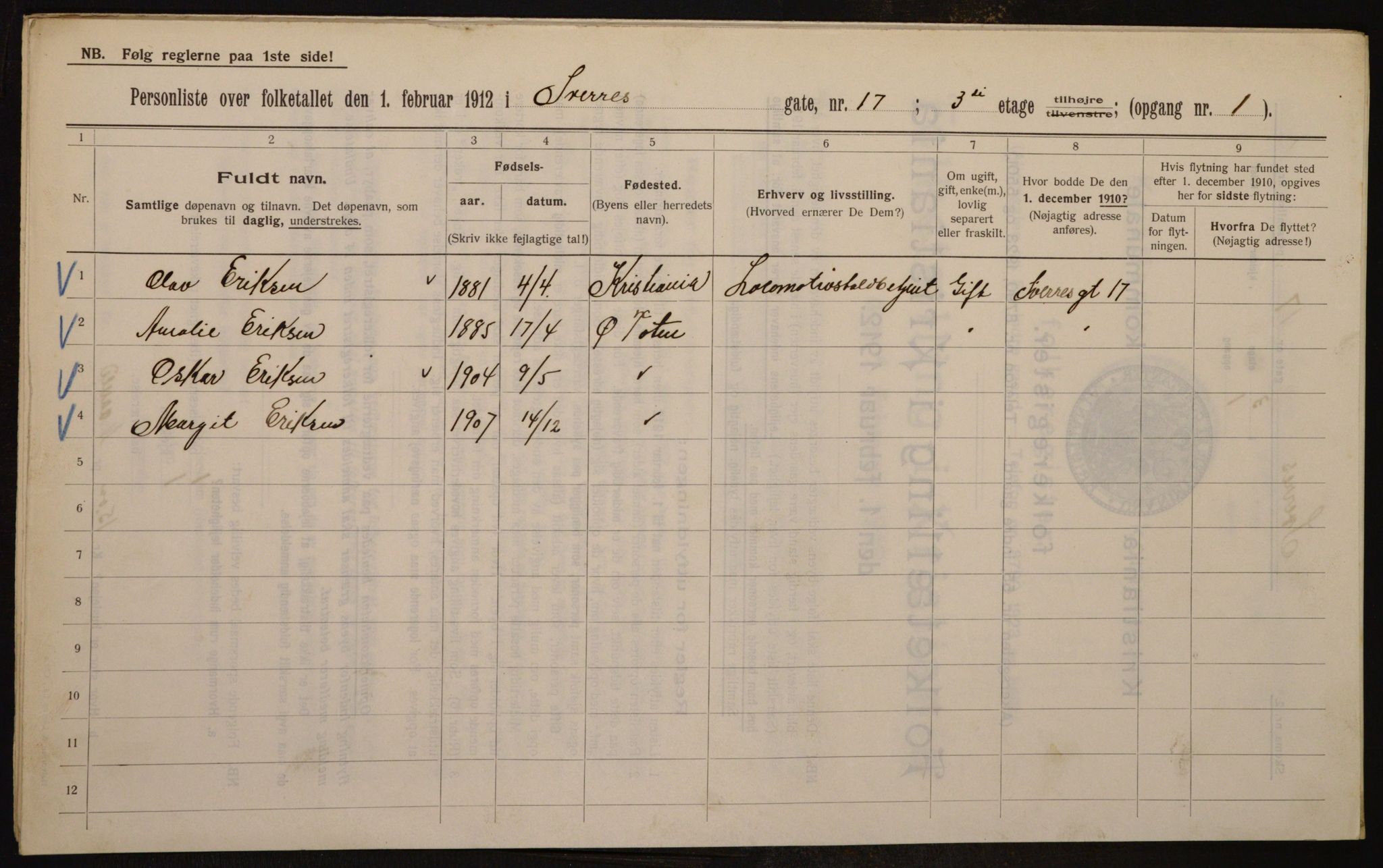 OBA, Kommunal folketelling 1.2.1912 for Kristiania, 1912, s. 105990