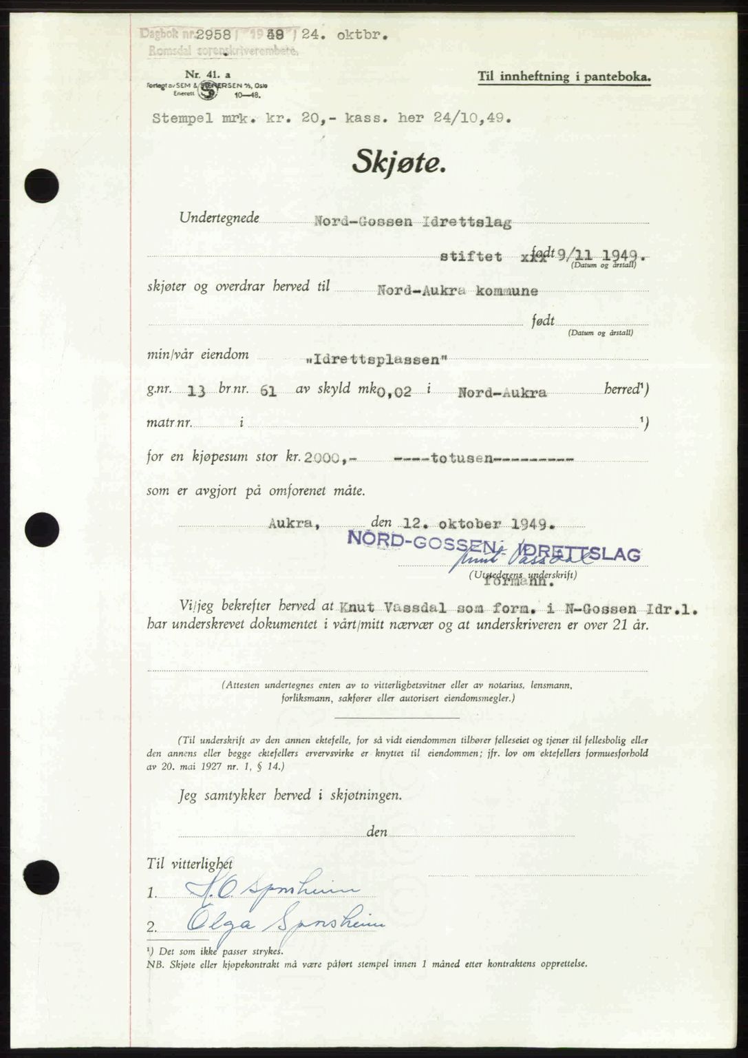 Romsdal sorenskriveri, SAT/A-4149/1/2/2C: Pantebok nr. A31, 1949-1949, Dagboknr: 2958/1949